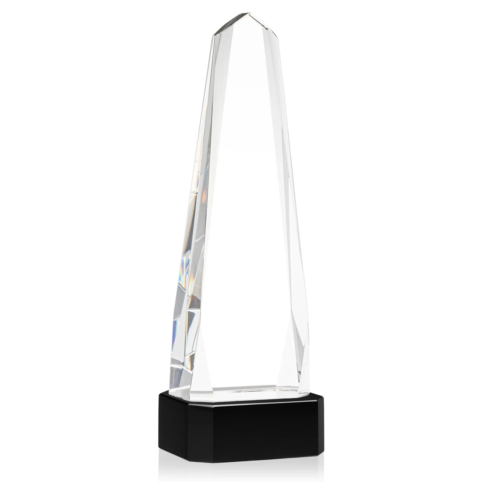 Custom printed Optical Crystal Obelisk Award with Interchanging Bevels for volunteer appreciation