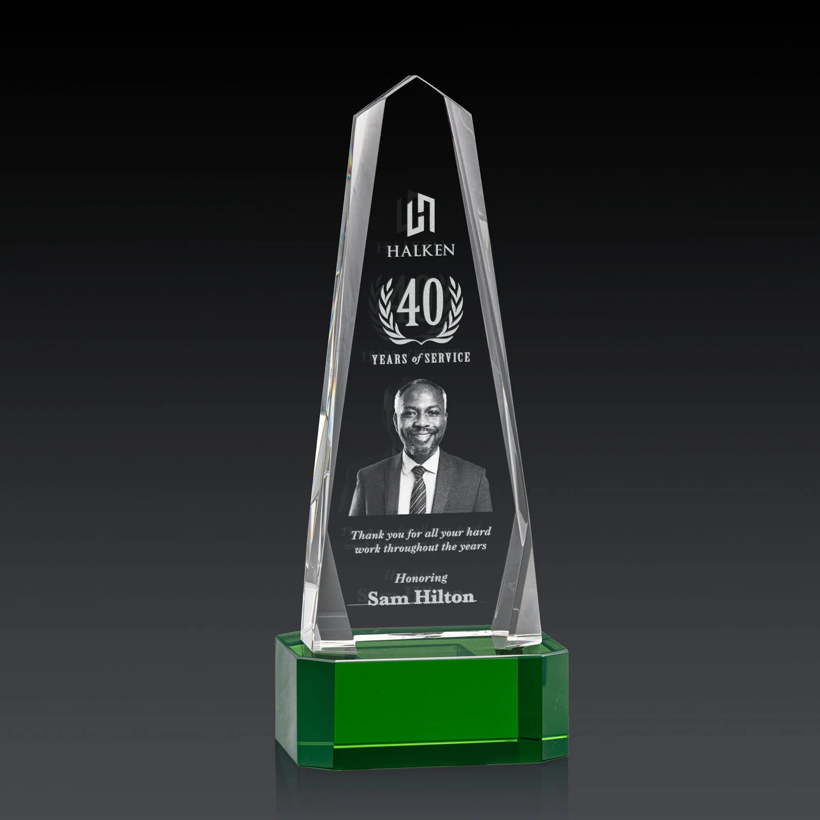 Custom Optical Crystal Obelisk Award with Interchanging Bevels for donor appreciation
