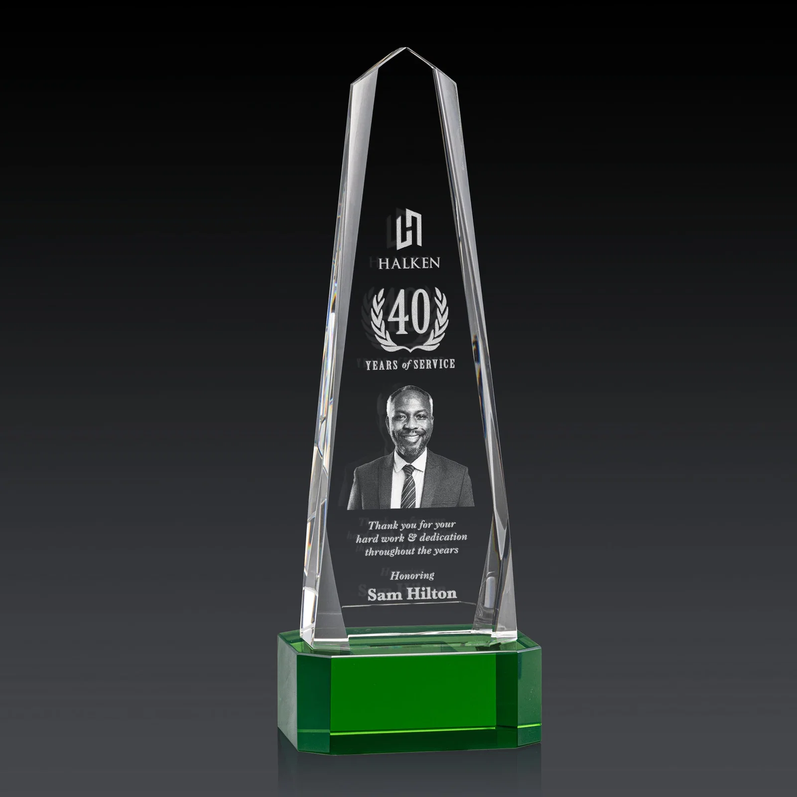 Custom Optical Crystal Obelisk Award with Interchanging Bevels for graduation ceremonies