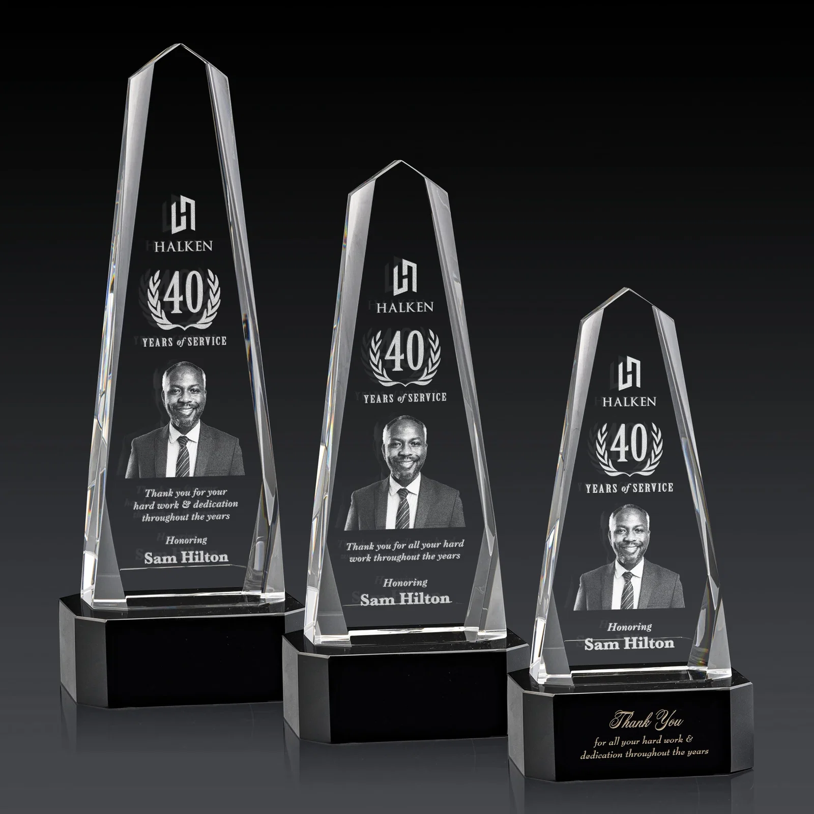 Custom Optical Crystal Obelisk Award with Interchanging Bevels for safety achievement programs