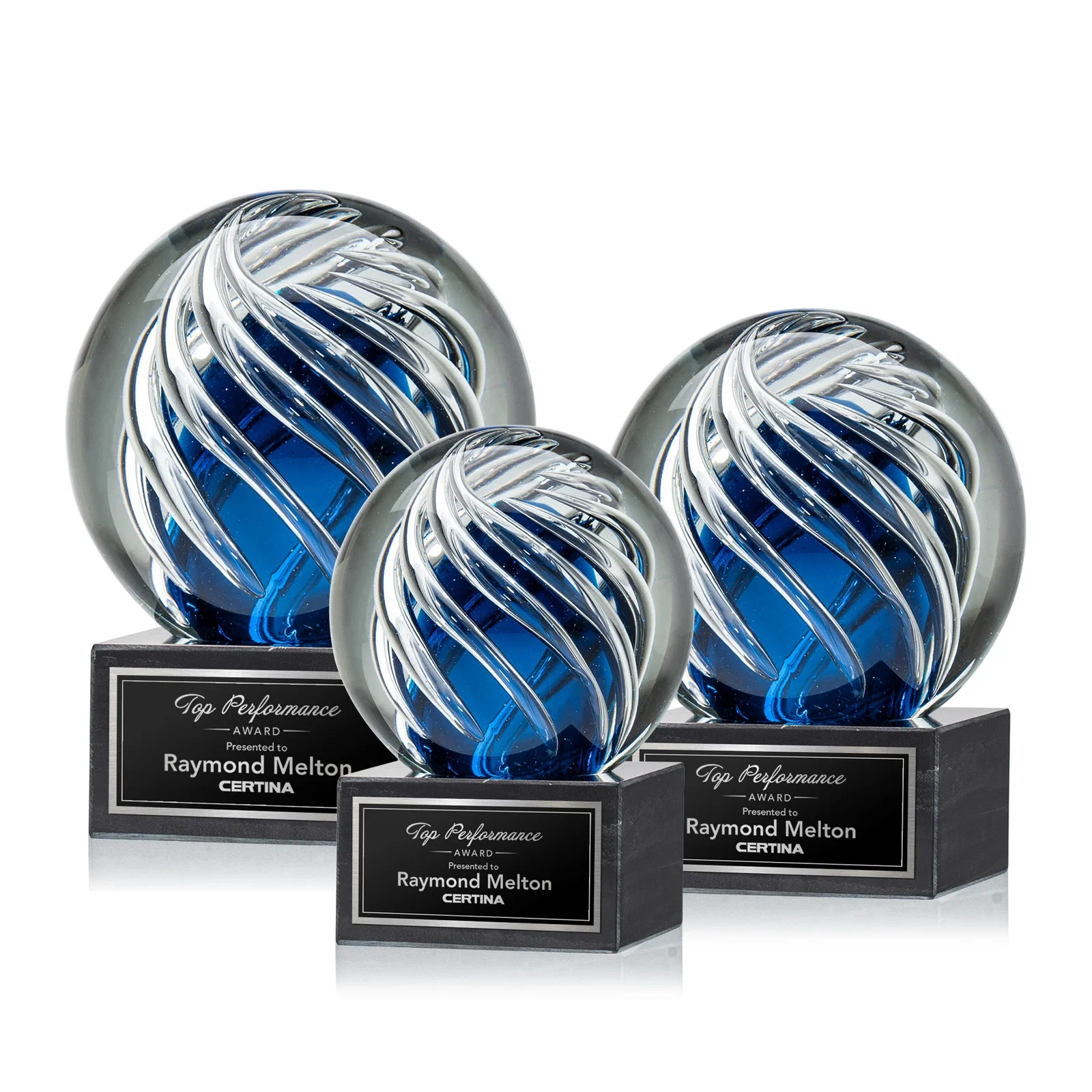 Custom Sapphire Glass Sphere Award With Clear Swirls on Marble Base for employee recognition