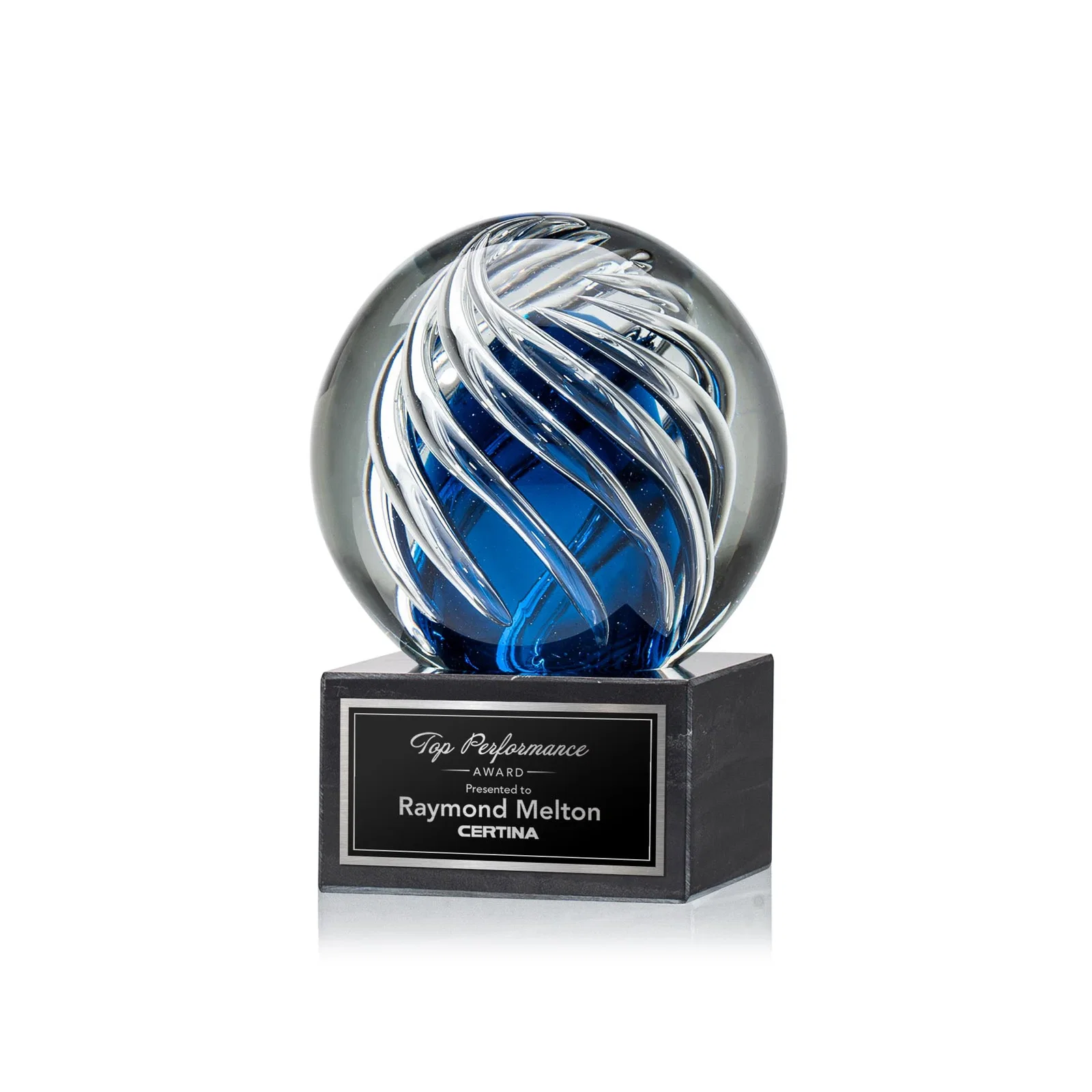 Custom Sapphire Glass Sphere Award With Clear Swirls on Marble Base for corporate award ceremonies
