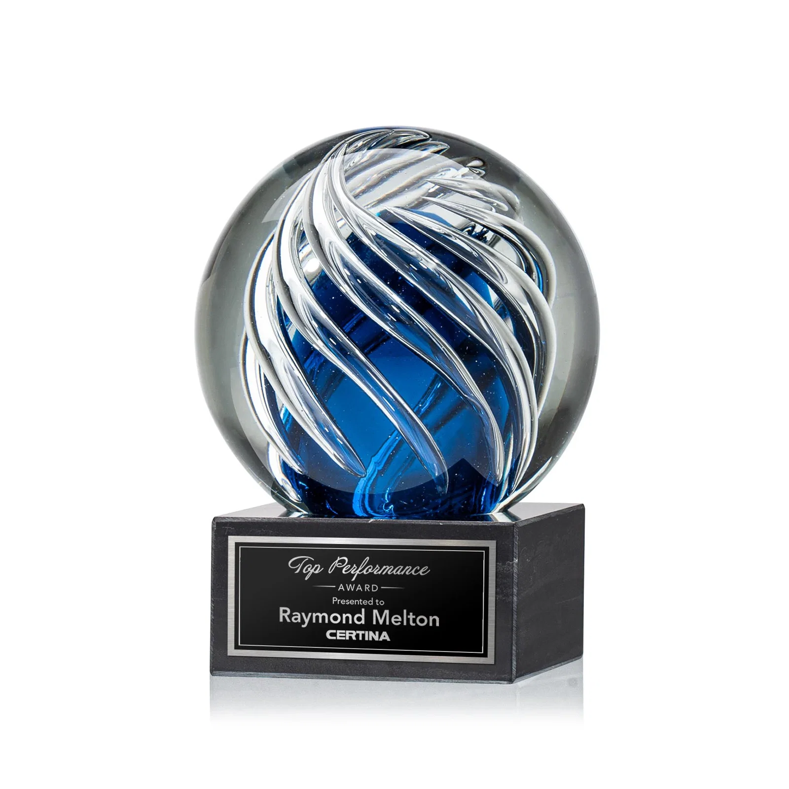 Custom Sapphire Glass Sphere Award With Clear Swirls on Marble Base for service anniversary gifts