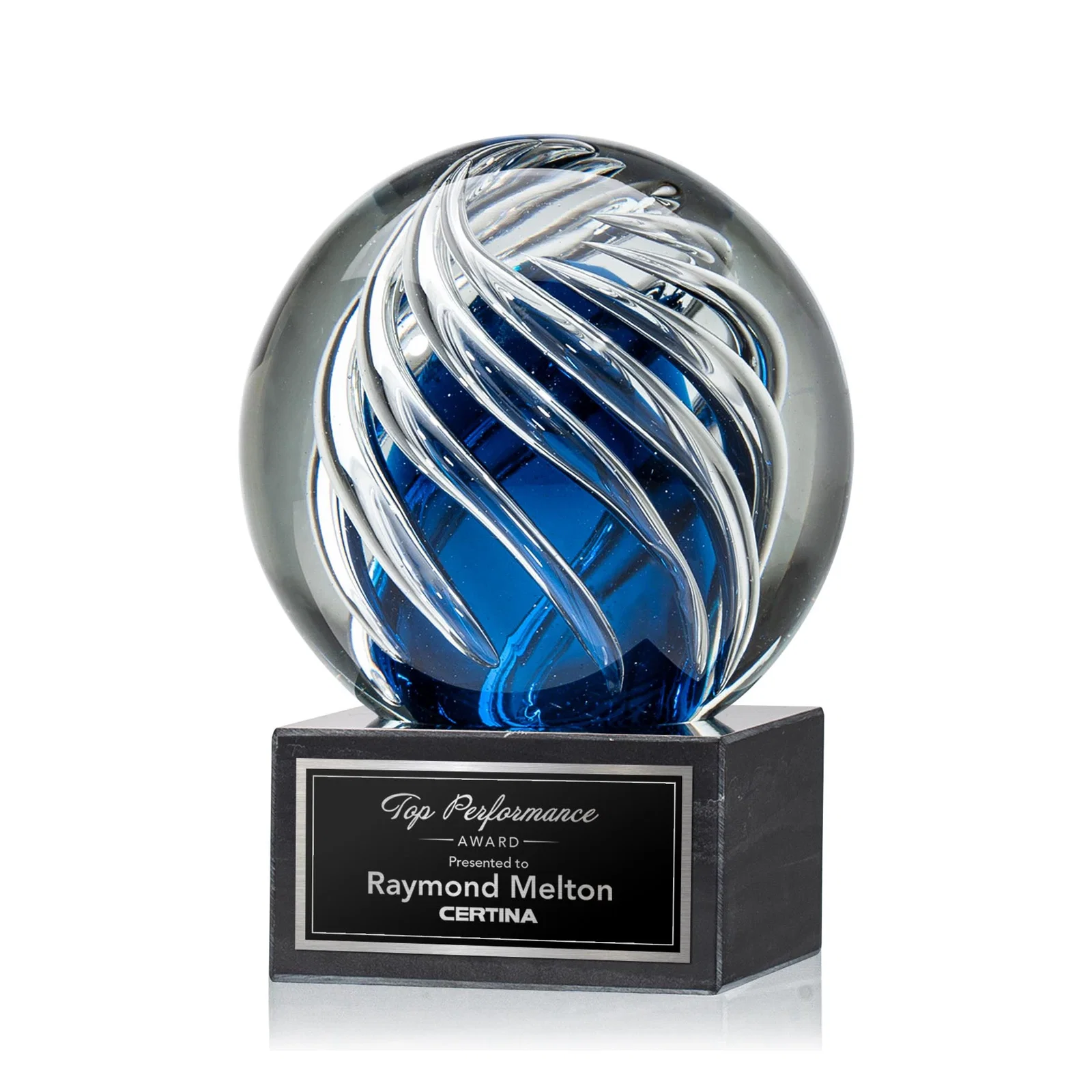 Custom Sapphire Glass Sphere Award With Clear Swirls on Marble Base for sales achievement awards