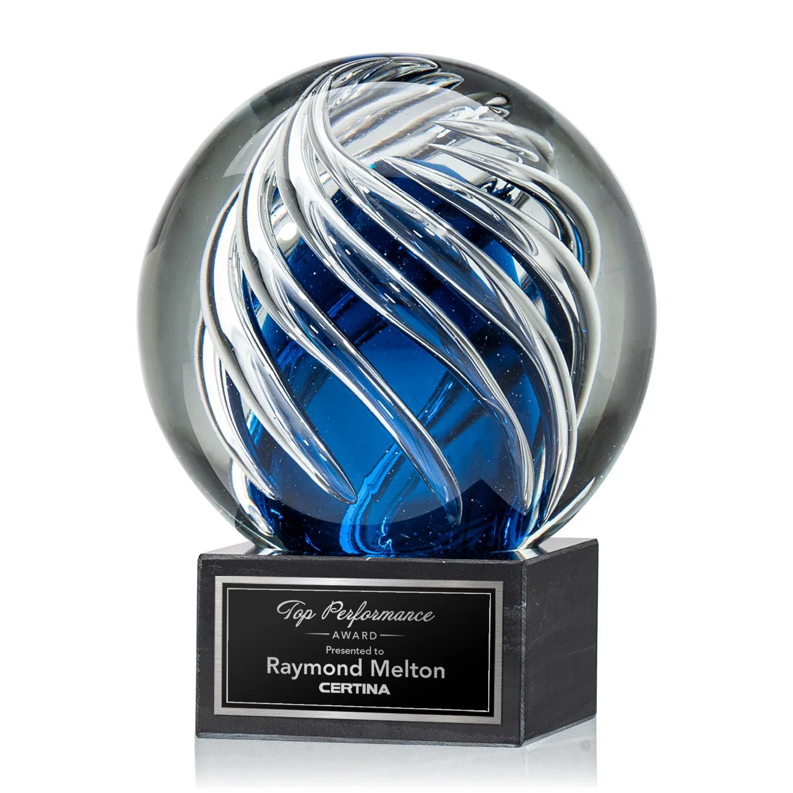 Custom Sapphire Glass Sphere Award With Clear Swirls on Marble Base for retirement presentations