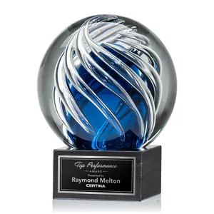 Sapphire Glass Sphere Award With Clear Swirls on Marble Base