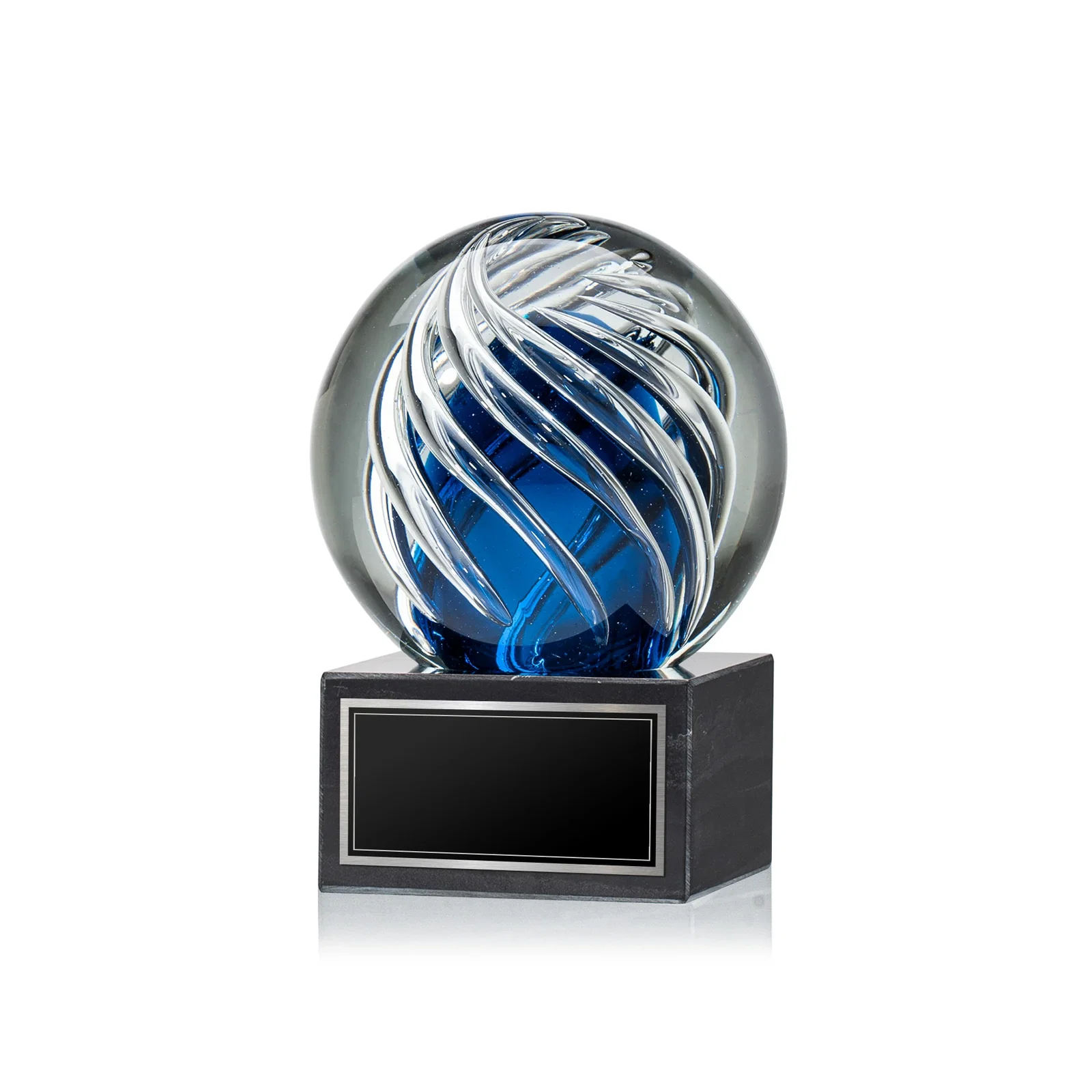 Custom Sapphire Glass Sphere Award With Clear Swirls on Marble Base for team milestone celebrations