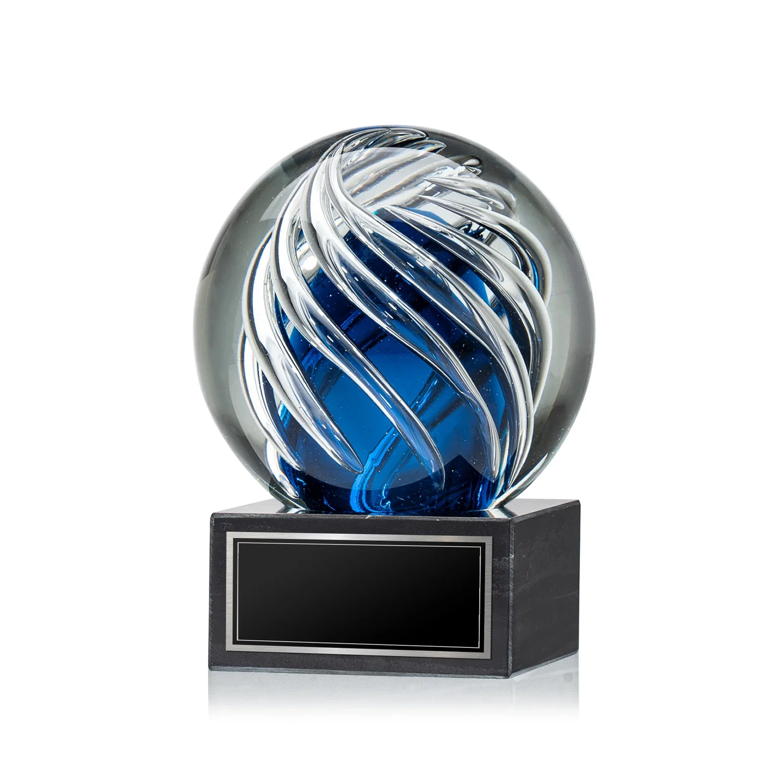 Custom Sapphire Glass Sphere Award With Clear Swirls on Marble Base for donor appreciation