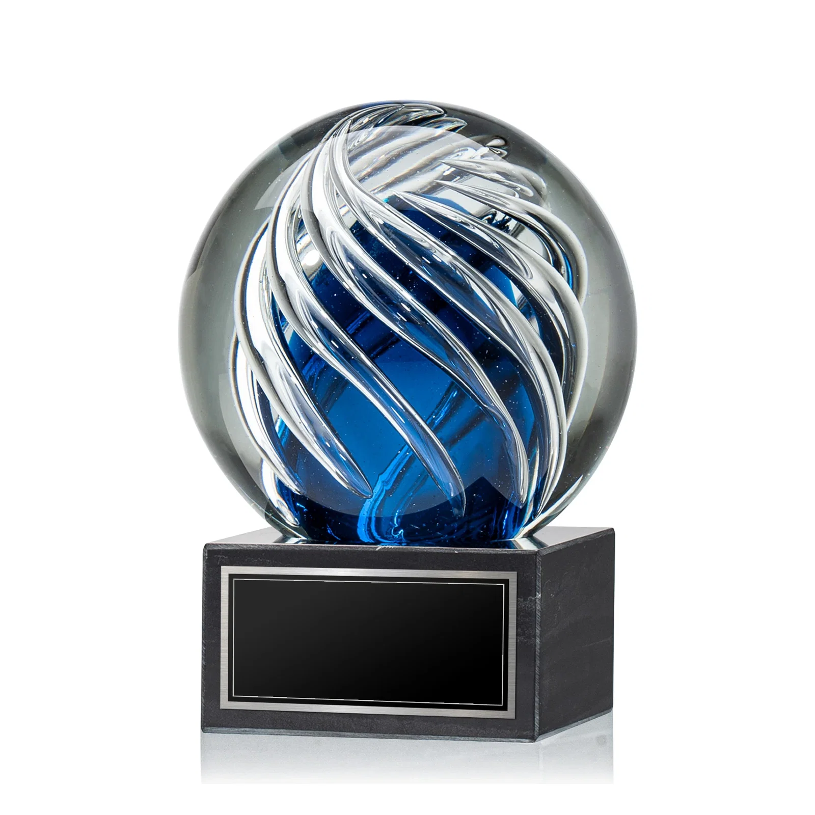 Custom Sapphire Glass Sphere Award With Clear Swirls on Marble Base for graduation ceremonies