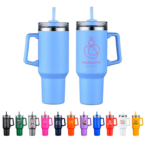 Promotional Genoa 40 oz straw-lid travel mug lineup of branded color options