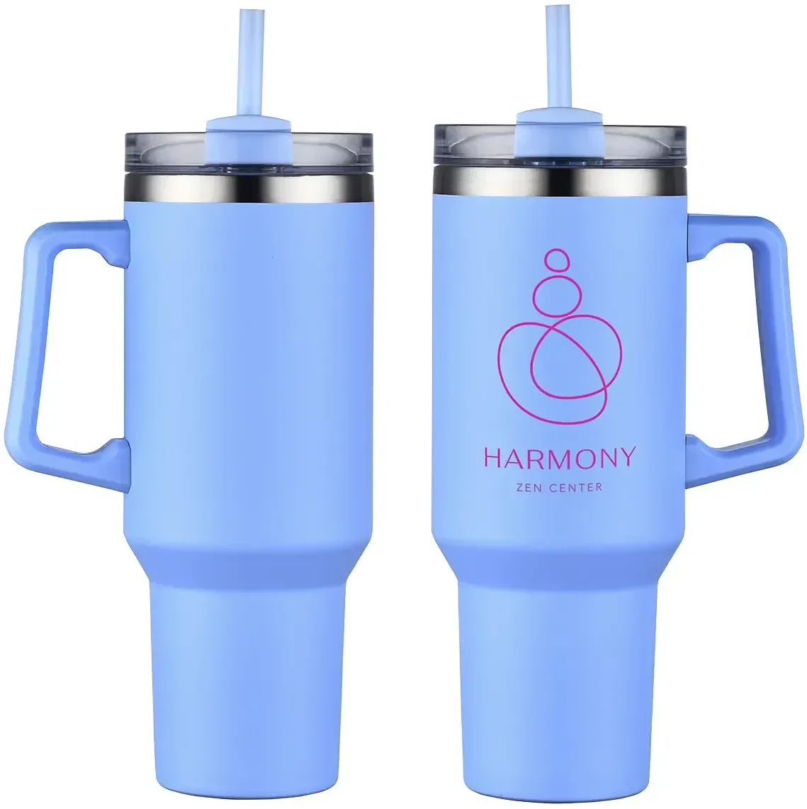 Branded promotional Genoa 40 oz tumbler showing straw lid and side handle