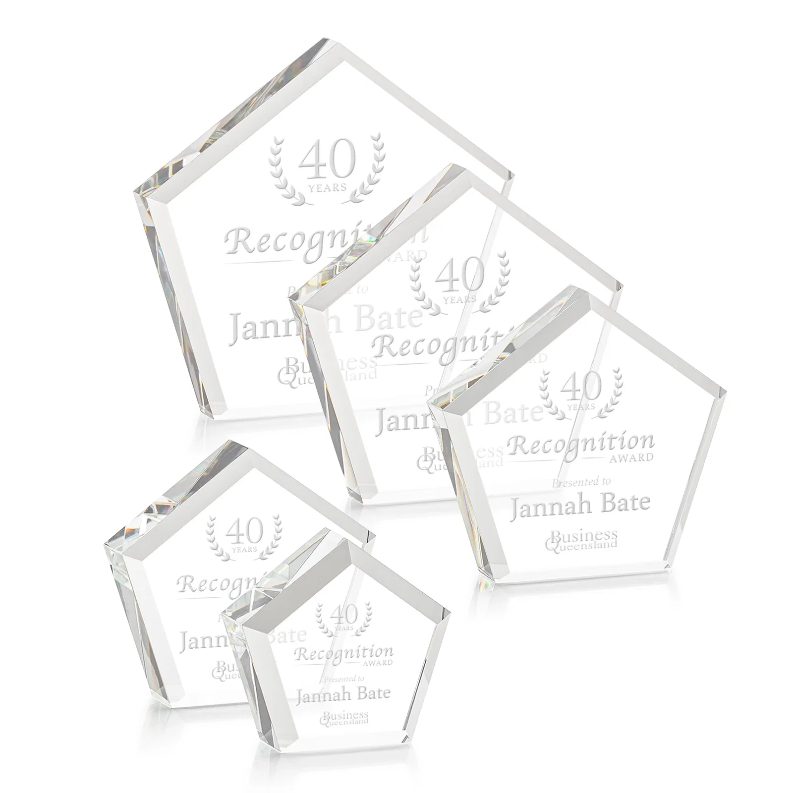 Custom Faceted Pentagon Crystal Paperweight, 3"-7" Extra-Thick, client appreciation gift for employee recognition