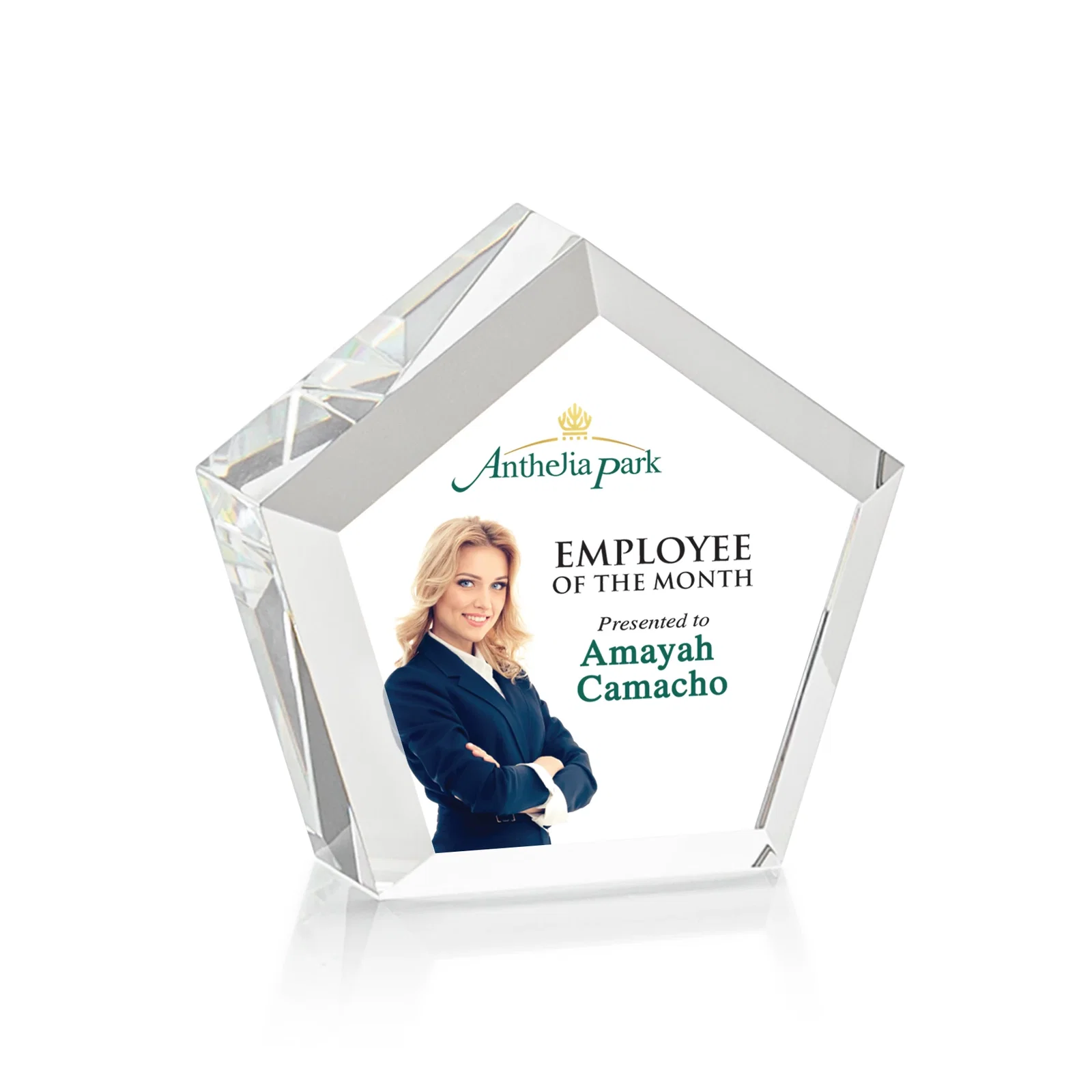 Personalized Faceted Pentagon Crystal Paperweight, 3"-7" Extra-Thick, client appreciation gift for corporate award ceremonies