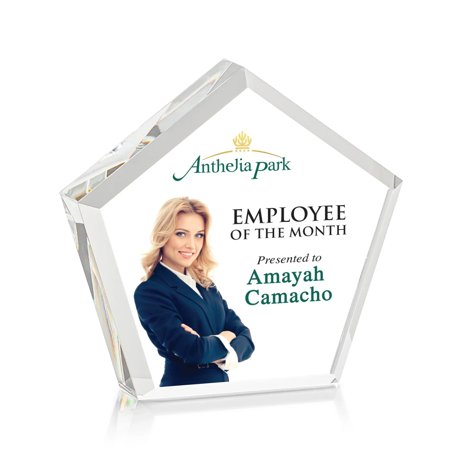 Personalized Faceted Pentagon Crystal Paperweight, 3"-7" Extra-Thick, client appreciation gift for sales achievement awards