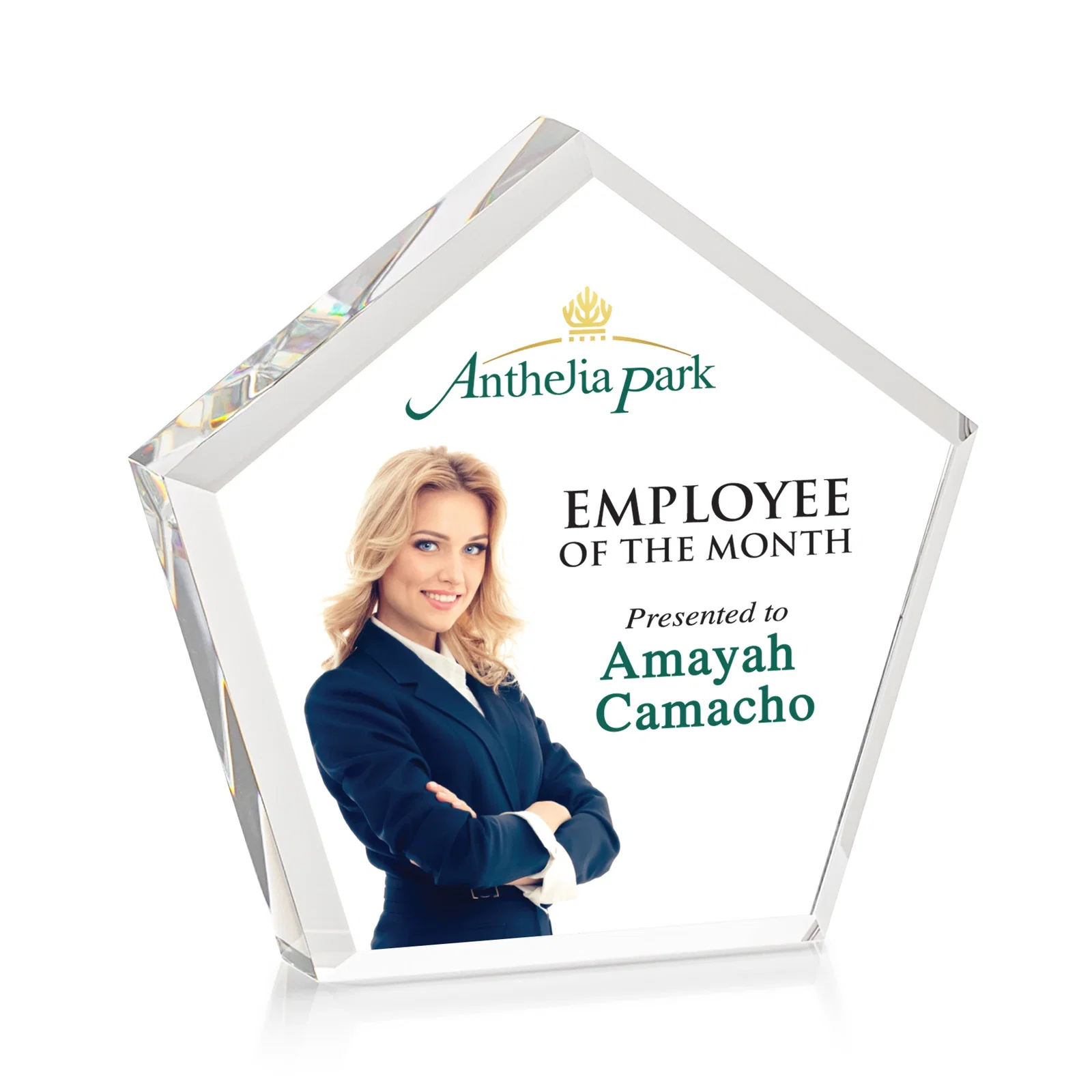 Personalized Faceted Pentagon Crystal Paperweight, 3"-7" Extra-Thick, client appreciation gift for retirement presentations