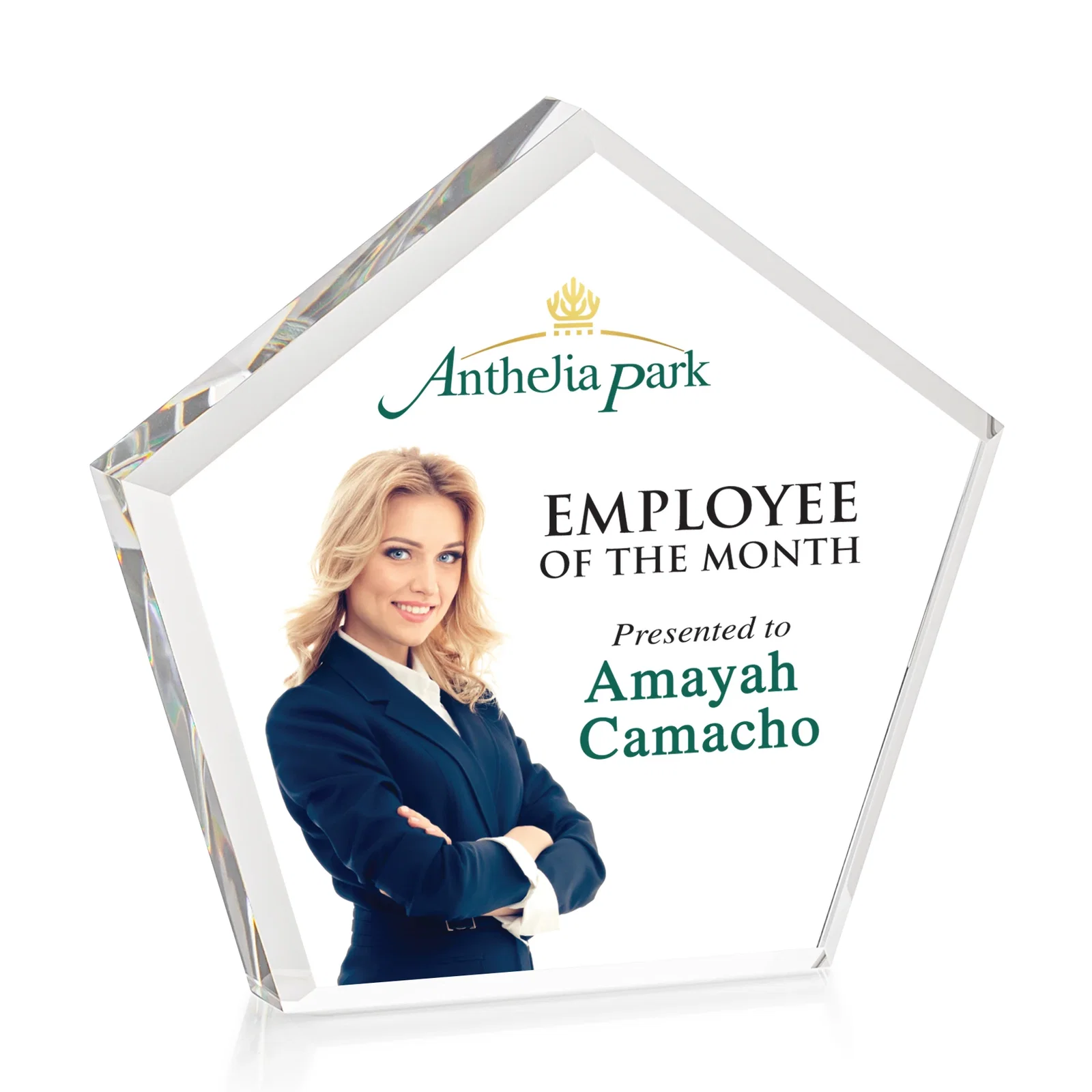 Personalized Faceted Pentagon Crystal Paperweight, 3"-7" Extra-Thick, client appreciation gift for team milestone celebrations