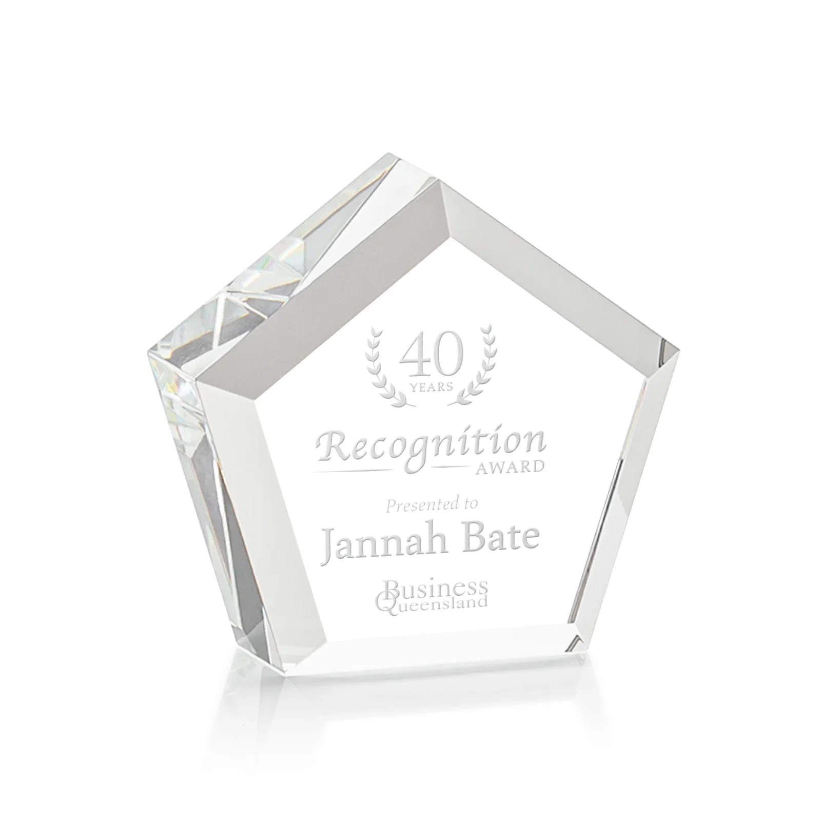 Custom Faceted Pentagon Crystal Paperweight, 3"-7" Extra-Thick, client appreciation gift for corporate award ceremonies