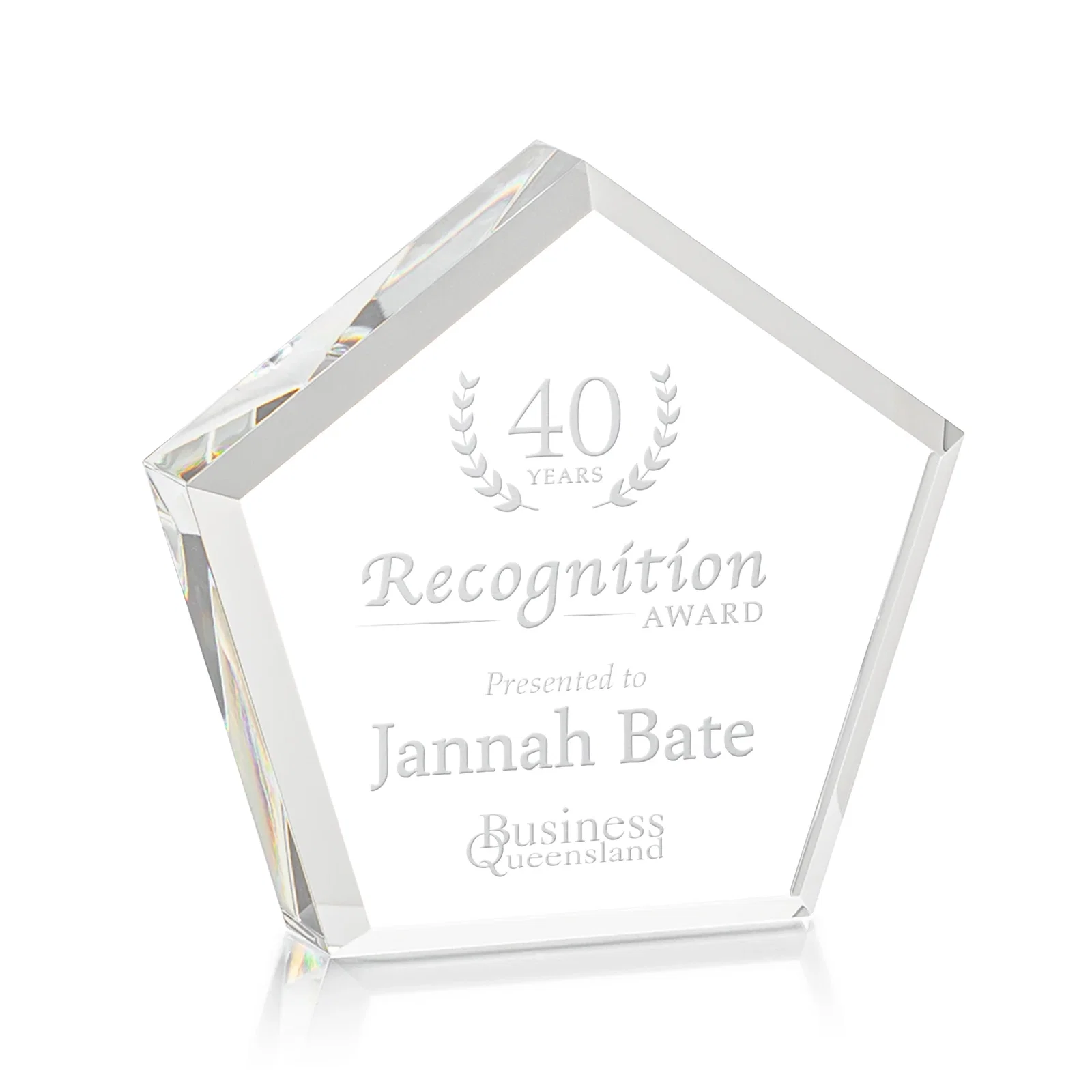 Custom Faceted Pentagon Crystal Paperweight, 3"-7" Extra-Thick, client appreciation gift for sales achievement awards