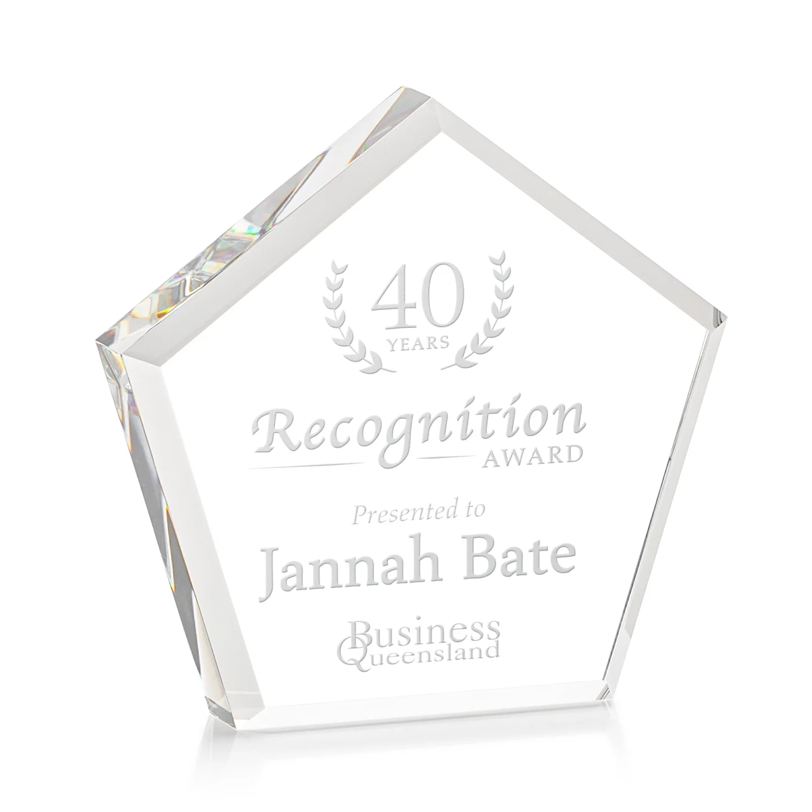 Custom Faceted Pentagon Crystal Paperweight, 3"-7" Extra-Thick, client appreciation gift for retirement presentations