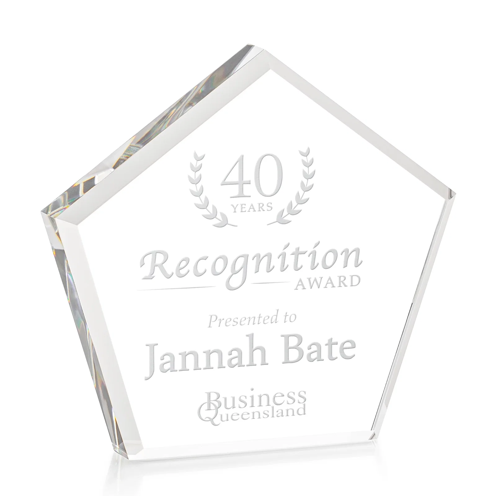 Custom Faceted Pentagon Crystal Paperweight, 3"-7" Extra-Thick, client appreciation gift for team milestone celebrations