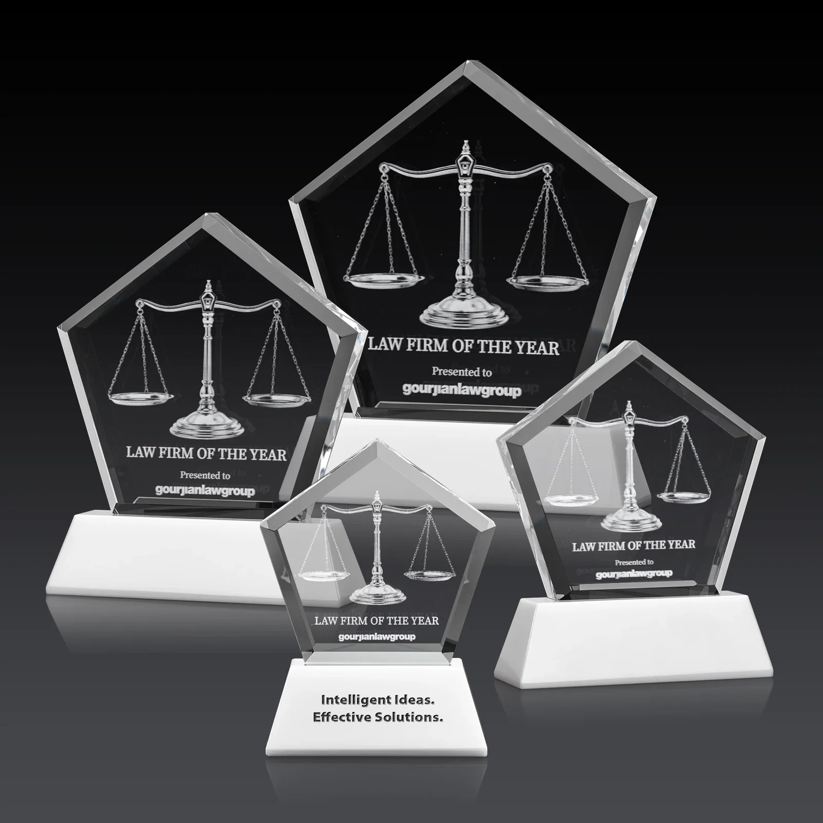 Custom Optical Crystal Pentagon Award with Beveled Frame on Tapered Base, awards for employee recognition