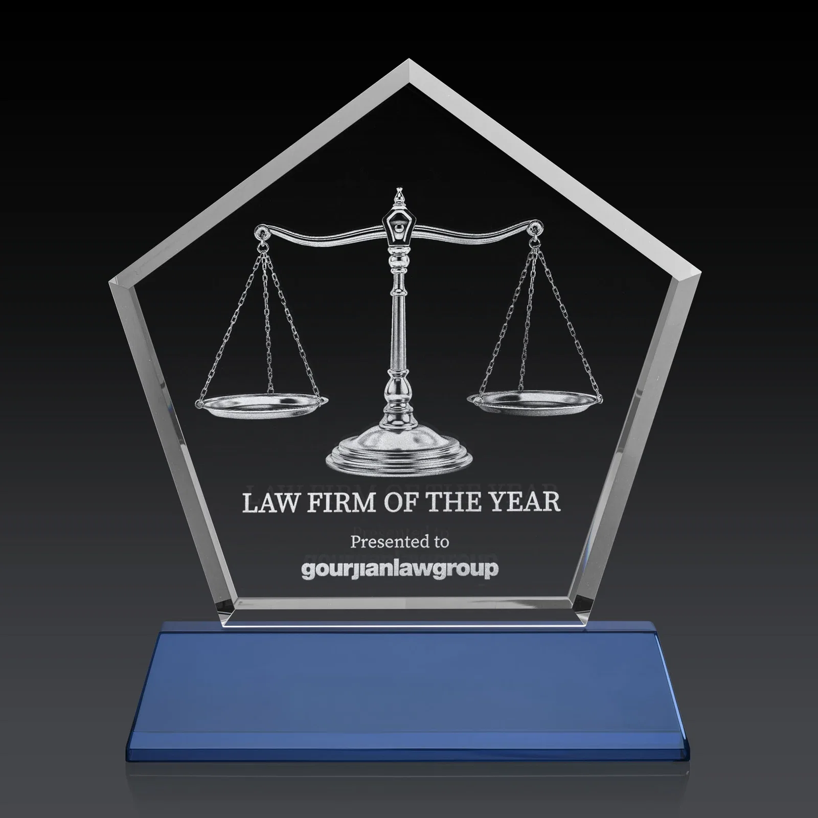 Custom Optical Crystal Pentagon Award with Beveled Frame on Tapered Base, awards for volunteer appreciation