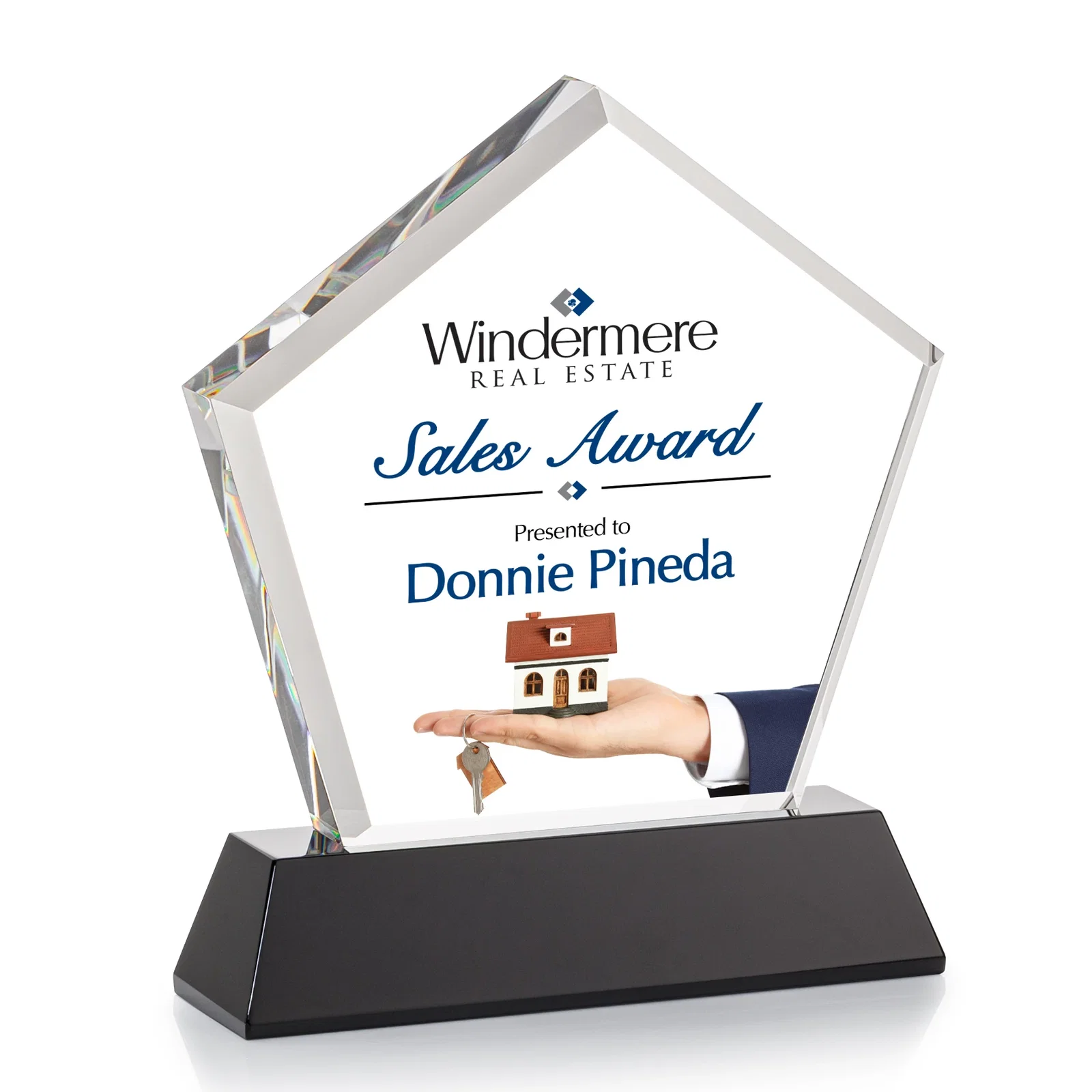Personalized Optical Crystal Pentagon Award with Beveled Frame on Tapered Base, awards, with your logo for sales achievement awards