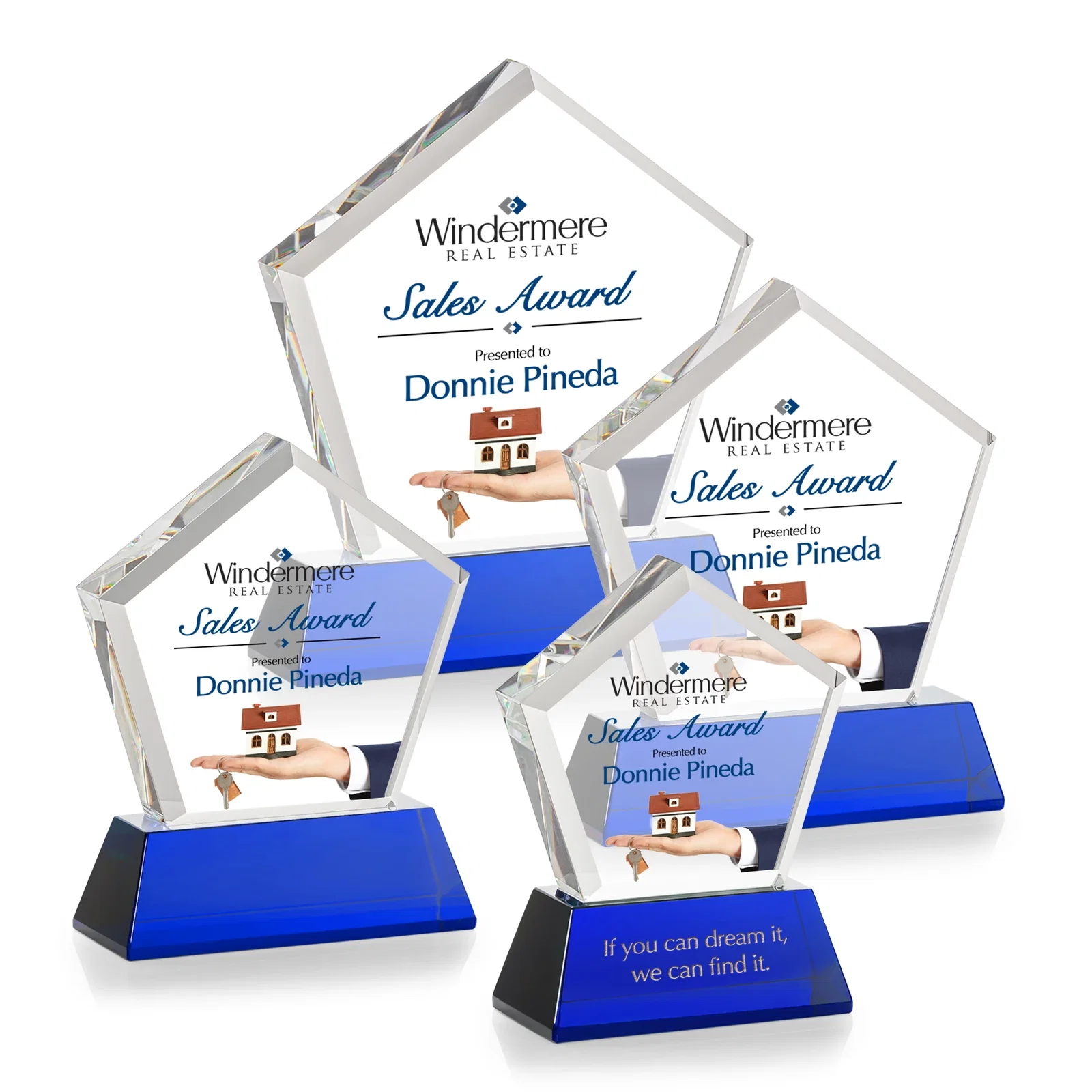 Personalized Optical Crystal Pentagon Award with Beveled Frame on Tapered Base, awards, with your logo for retirement presentations