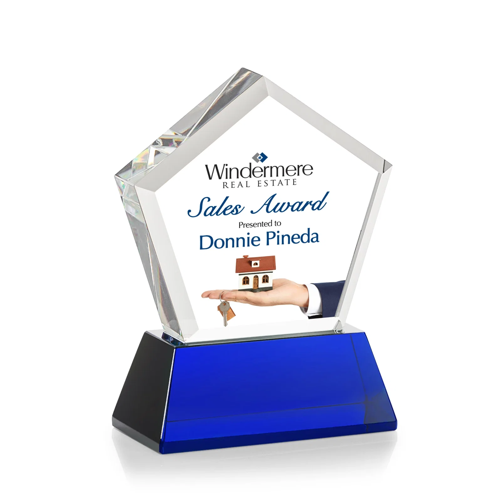 Personalized Optical Crystal Pentagon Award with Beveled Frame on Tapered Base, awards, with your logo for team milestone celebrations