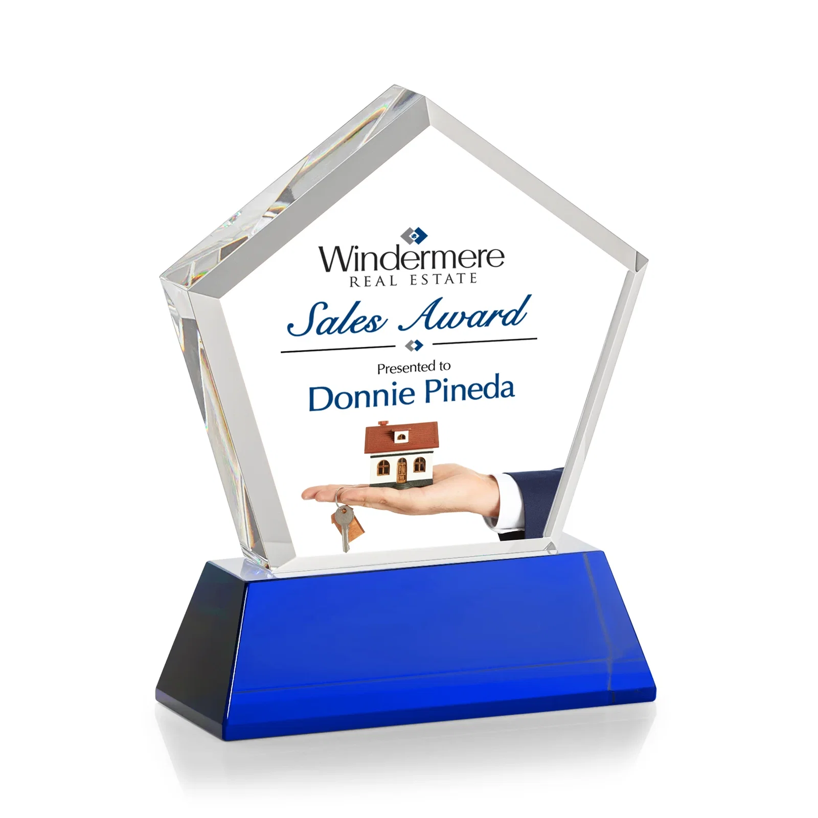 Personalized Optical Crystal Pentagon Award with Beveled Frame on Tapered Base, awards, with your logo for donor appreciation