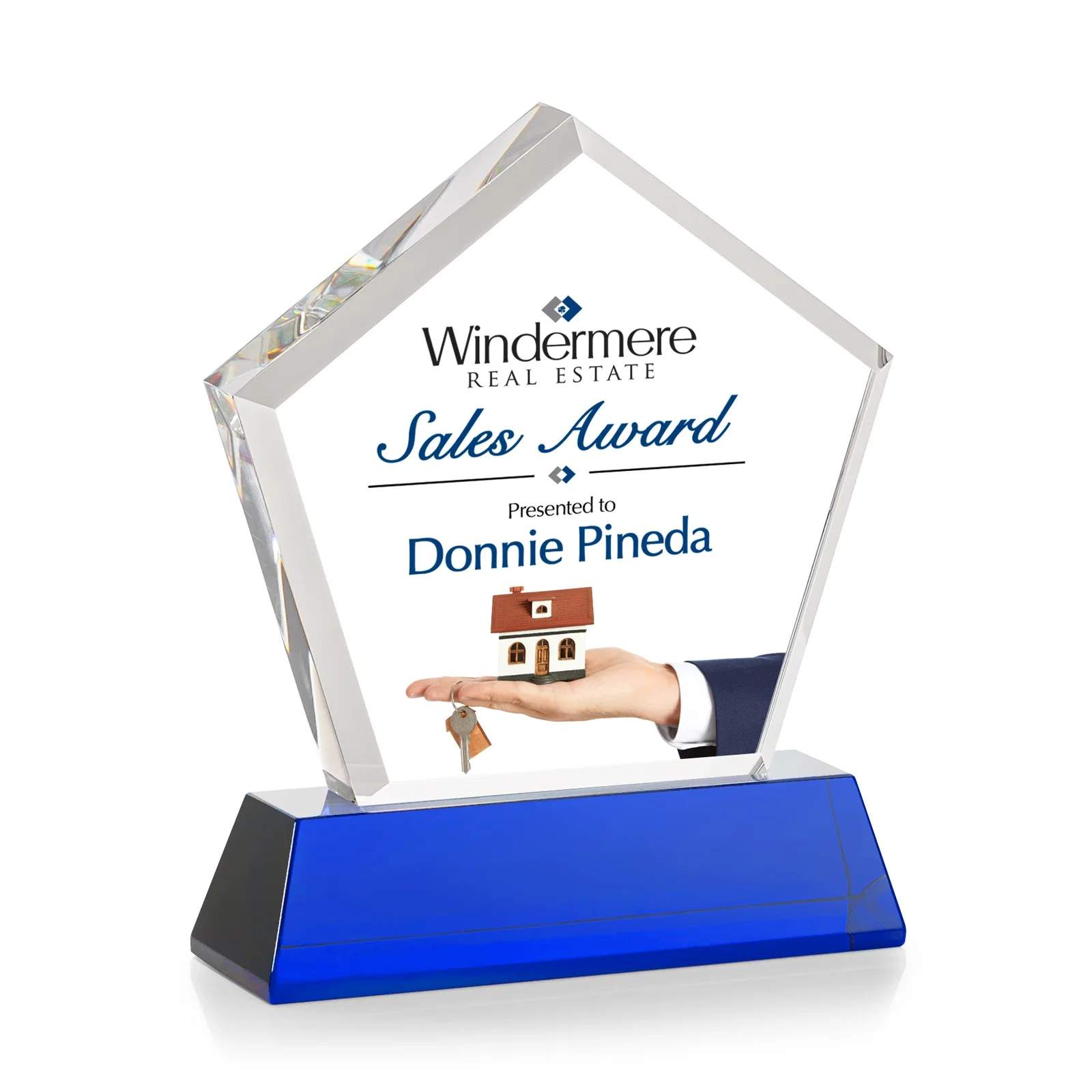 Personalized Optical Crystal Pentagon Award with Beveled Frame on Tapered Base, awards, with your logo for graduation ceremonies