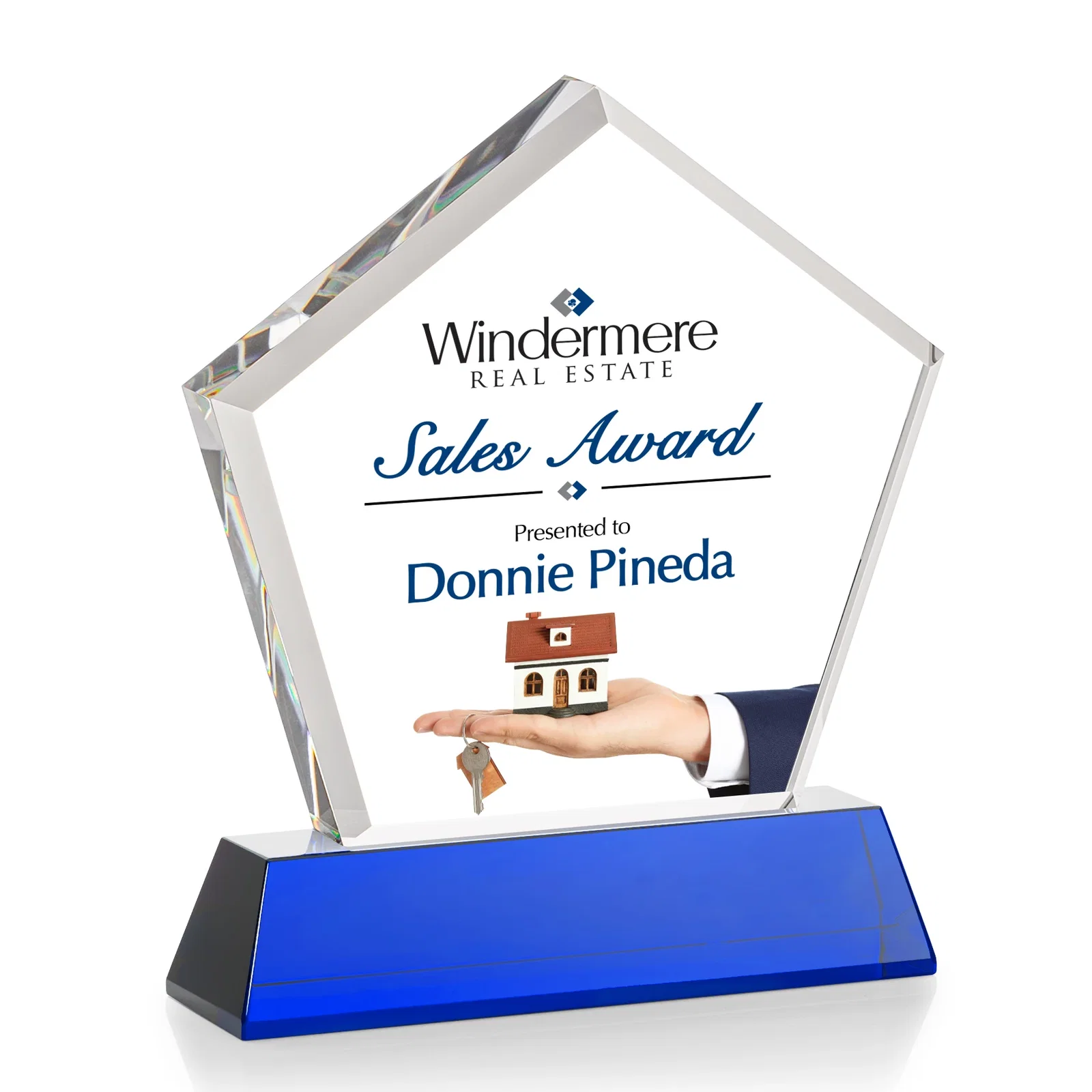 Personalized Optical Crystal Pentagon Award with Beveled Frame on Tapered Base, awards, with your logo for safety achievement programs
