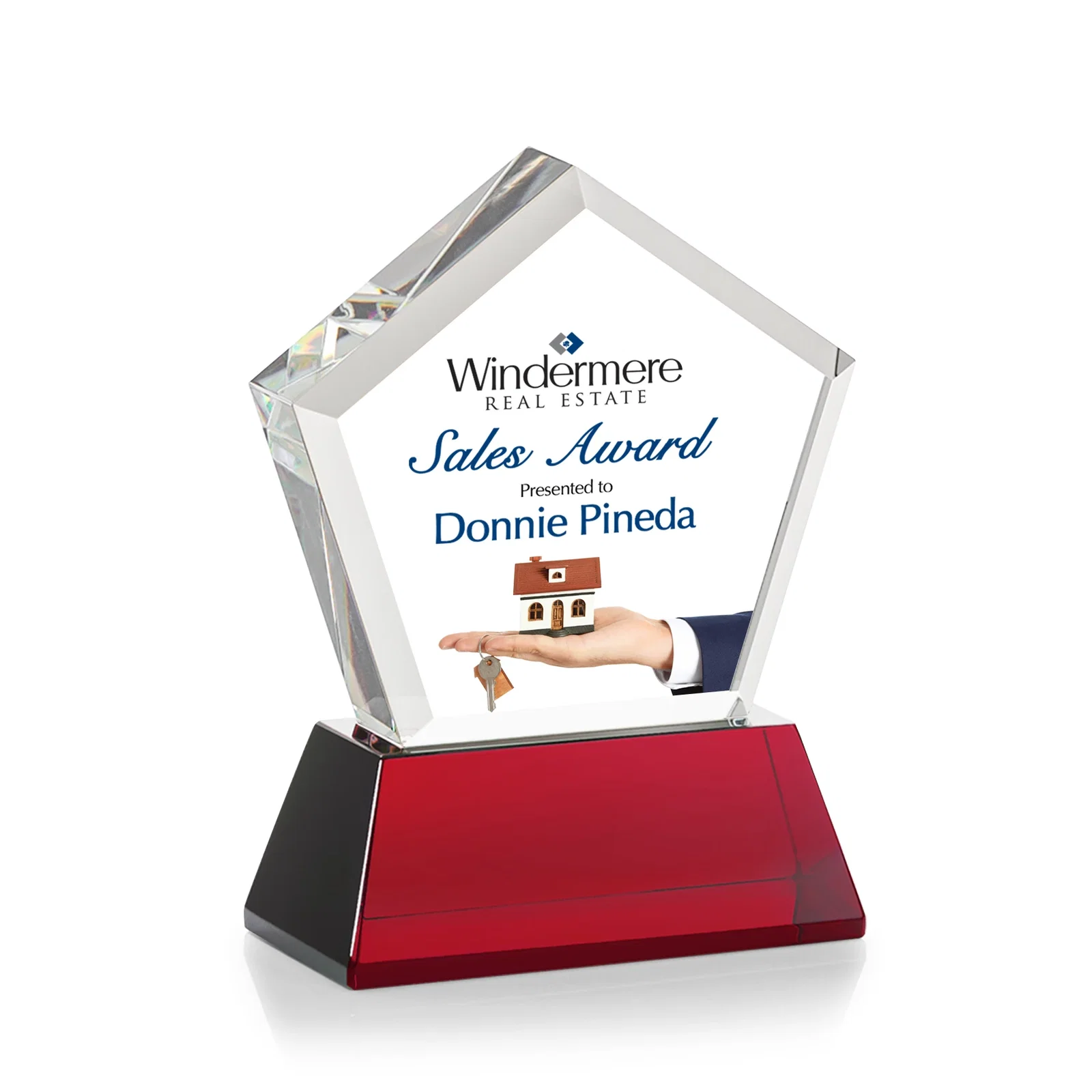 Personalized Optical Crystal Pentagon Award with Beveled Frame on Tapered Base, awards, with your logo for dealer and partner awards