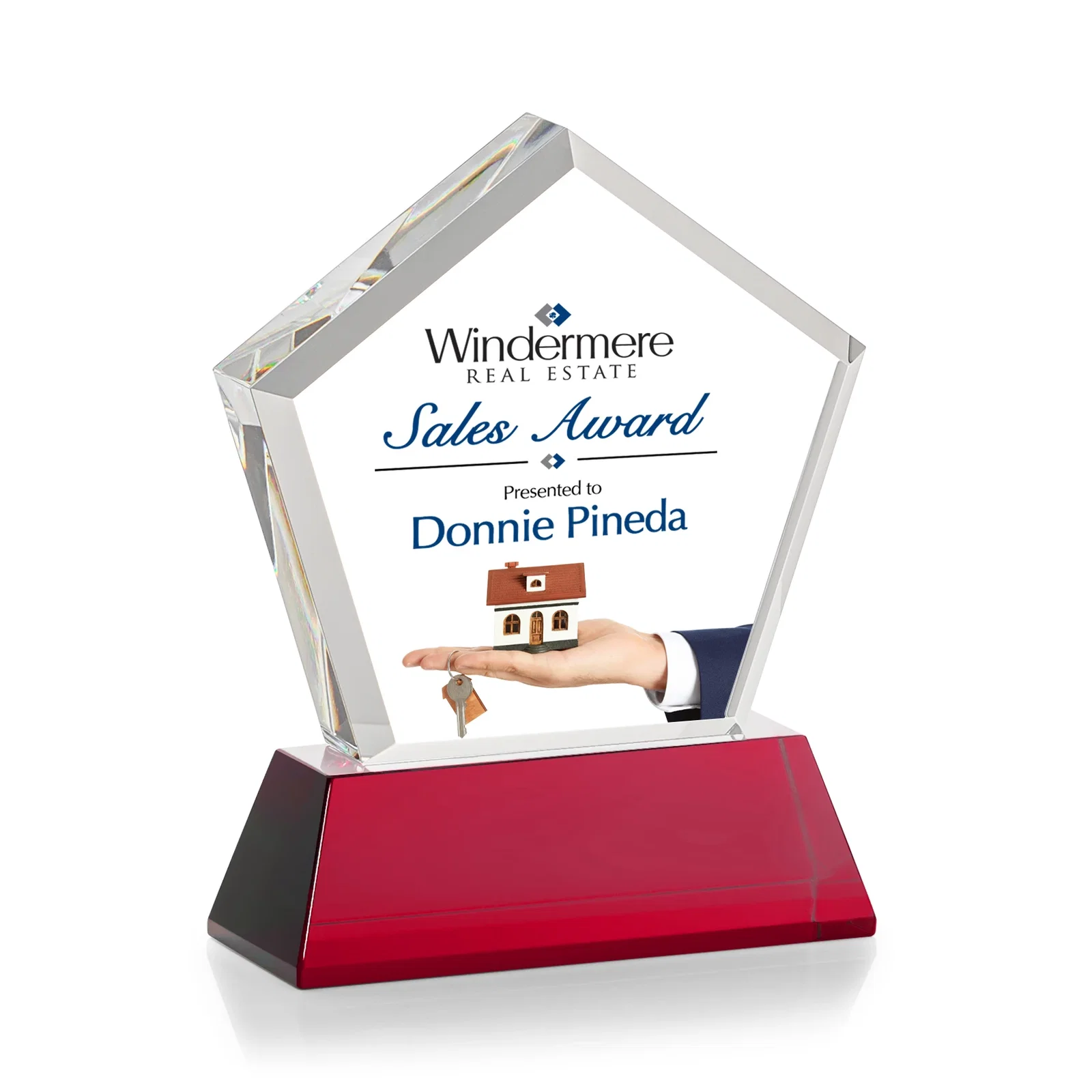 Personalized Optical Crystal Pentagon Award with Beveled Frame on Tapered Base, awards, with your logo for company anniversary events