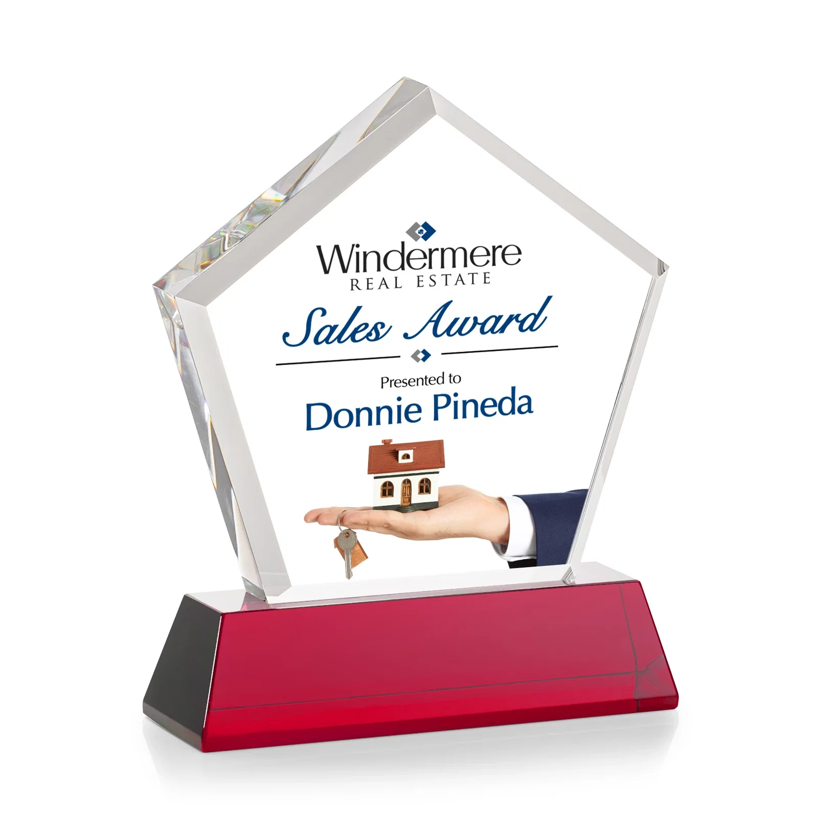 Promotional Optical Crystal Pentagon Award with Beveled Frame on Tapered Base, awards, with your logo for employee recognition