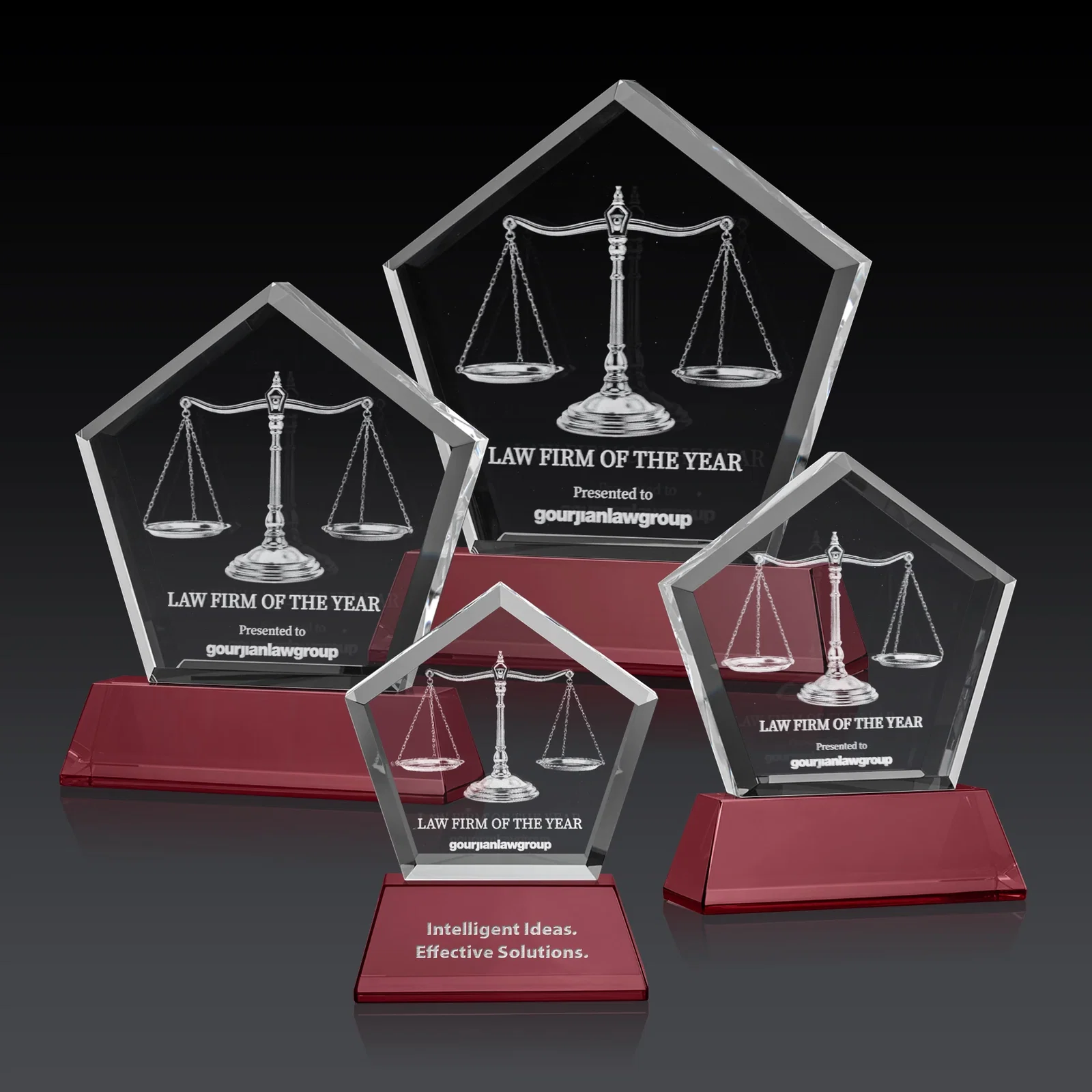 Custom Optical Crystal Pentagon Award with Beveled Frame on Tapered Base, awards for dealer and partner awards