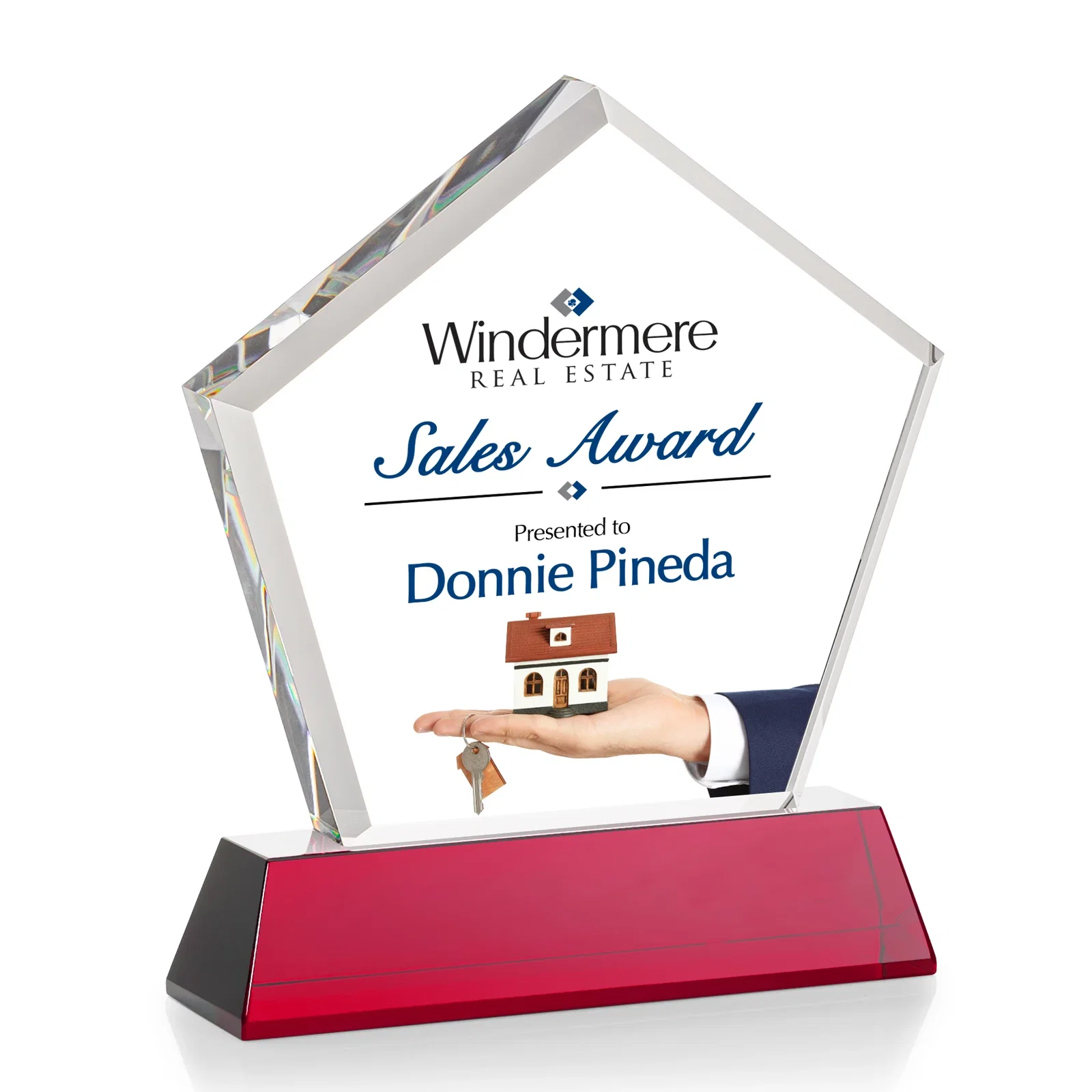 Promotional Optical Crystal Pentagon Award with Beveled Frame on Tapered Base, awards, with your logo for corporate award ceremonies