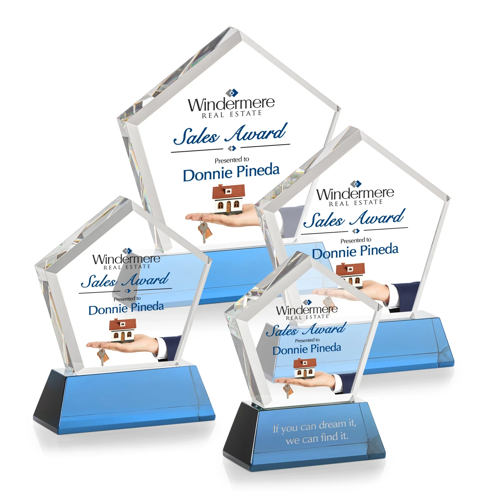 Promotional Optical Crystal Pentagon Award with Beveled Frame on Tapered Base, awards, with your logo for service anniversary gifts