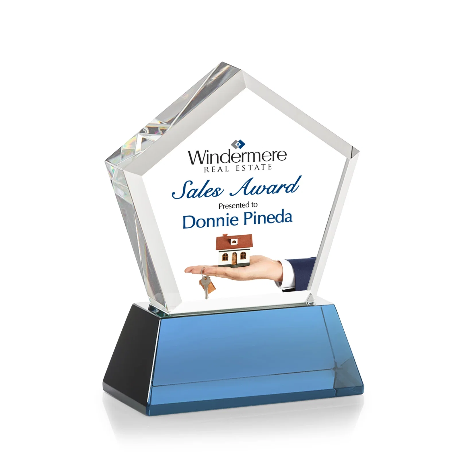 Promotional Optical Crystal Pentagon Award with Beveled Frame on Tapered Base, awards, with your logo for sales achievement awards