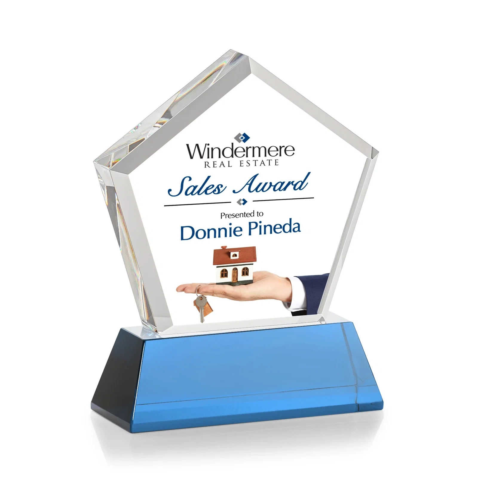 Promotional Optical Crystal Pentagon Award with Beveled Frame on Tapered Base, awards, with your logo for retirement presentations