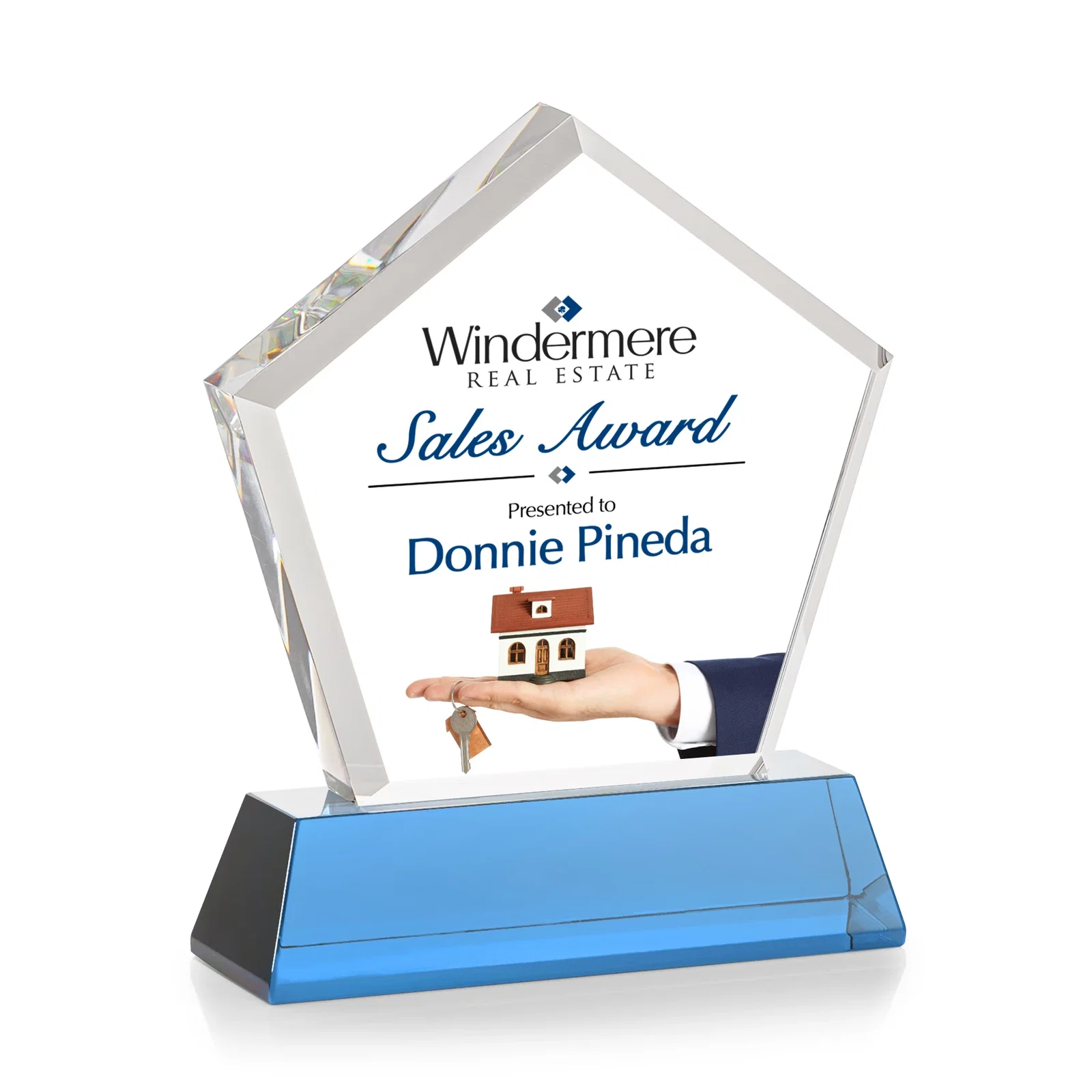 Promotional Optical Crystal Pentagon Award with Beveled Frame on Tapered Base, awards, with your logo for team milestone celebrations