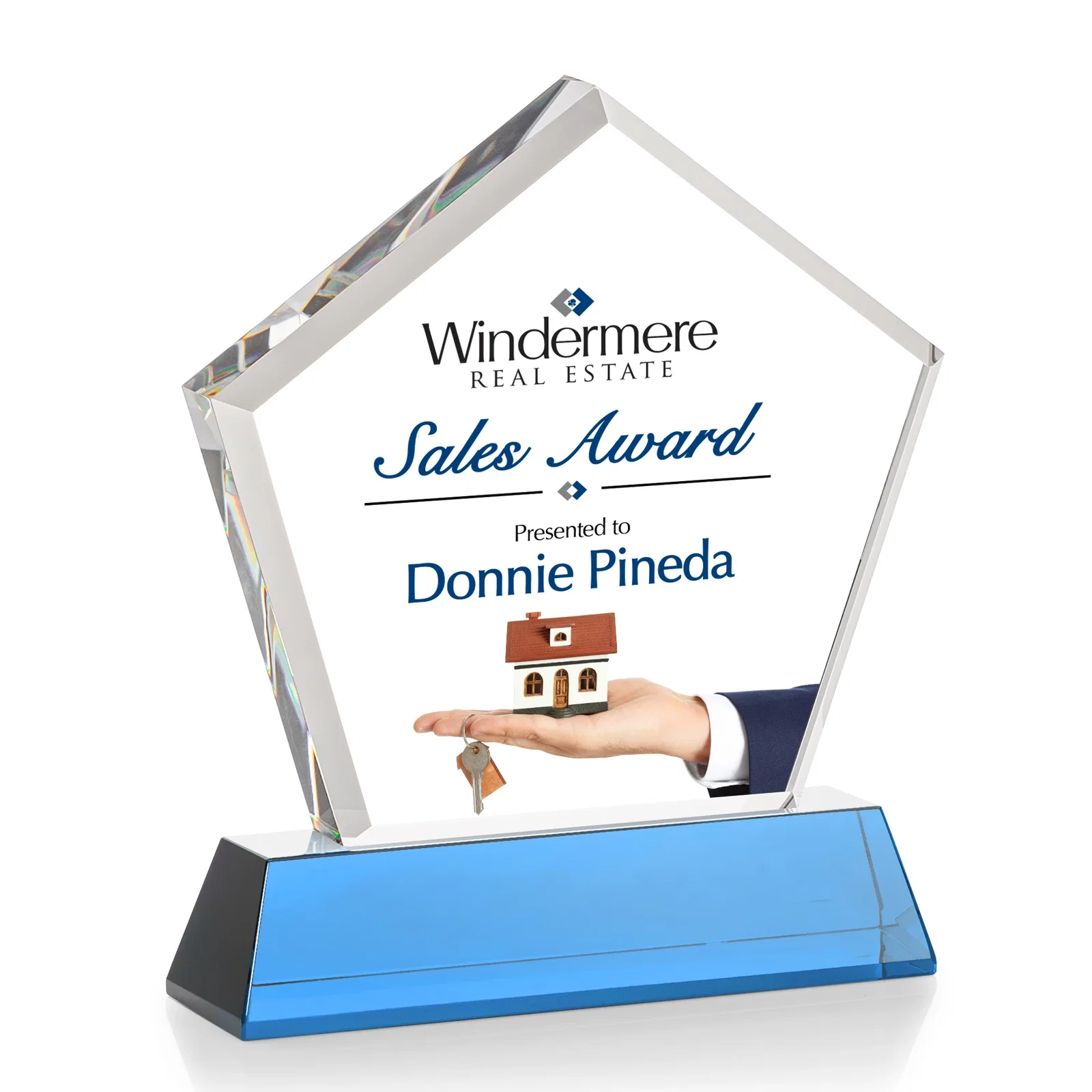 Promotional Optical Crystal Pentagon Award with Beveled Frame on Tapered Base, awards, with your logo for donor appreciation