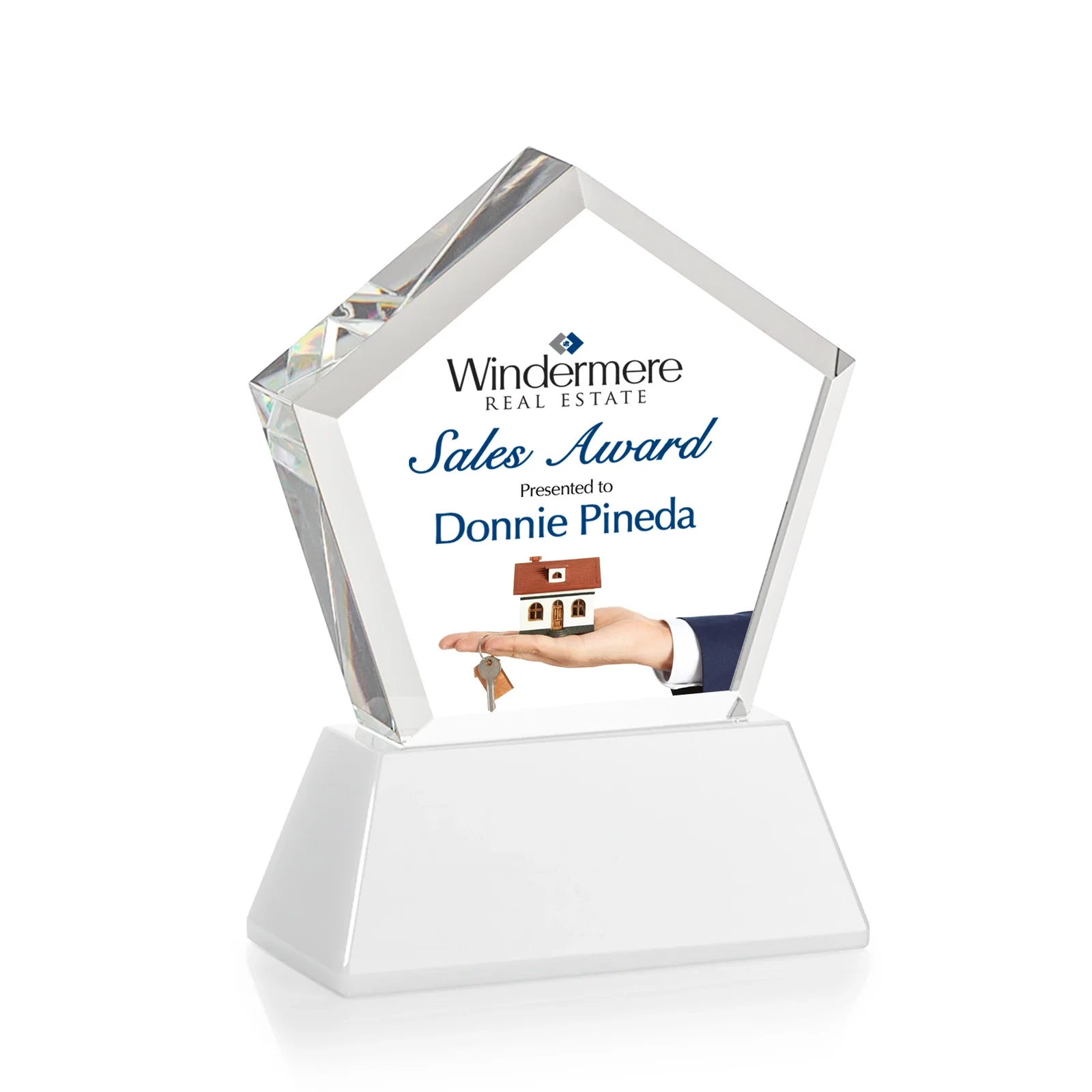 Promotional Optical Crystal Pentagon Award with Beveled Frame on Tapered Base, awards, with your logo for safety achievement programs