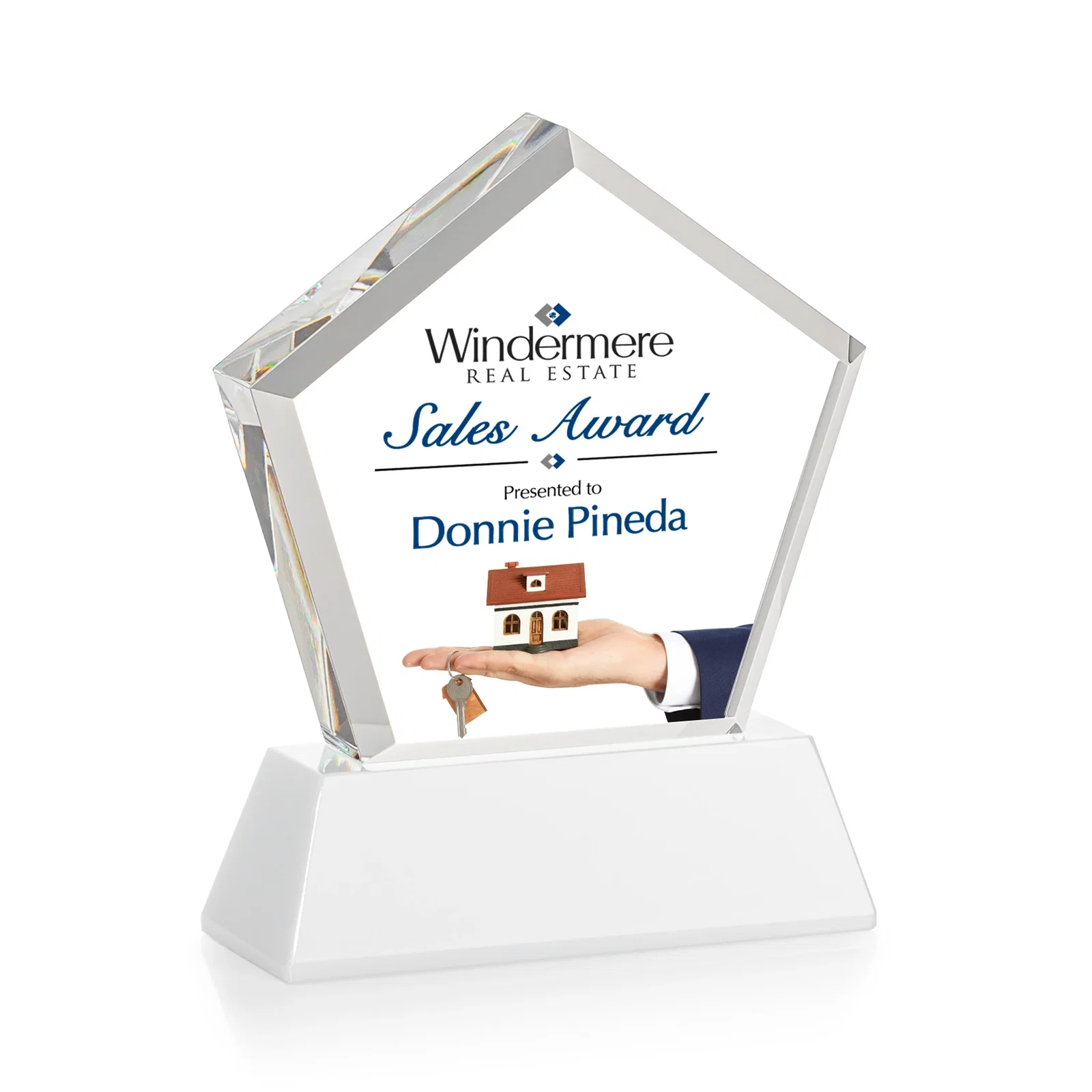 Promotional Optical Crystal Pentagon Award with Beveled Frame on Tapered Base, awards, with your logo for volunteer appreciation