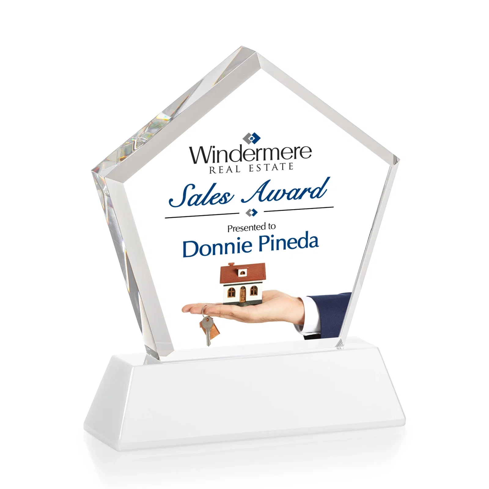 Promotional Optical Crystal Pentagon Award with Beveled Frame on Tapered Base, awards, with your logo for dealer and partner awards