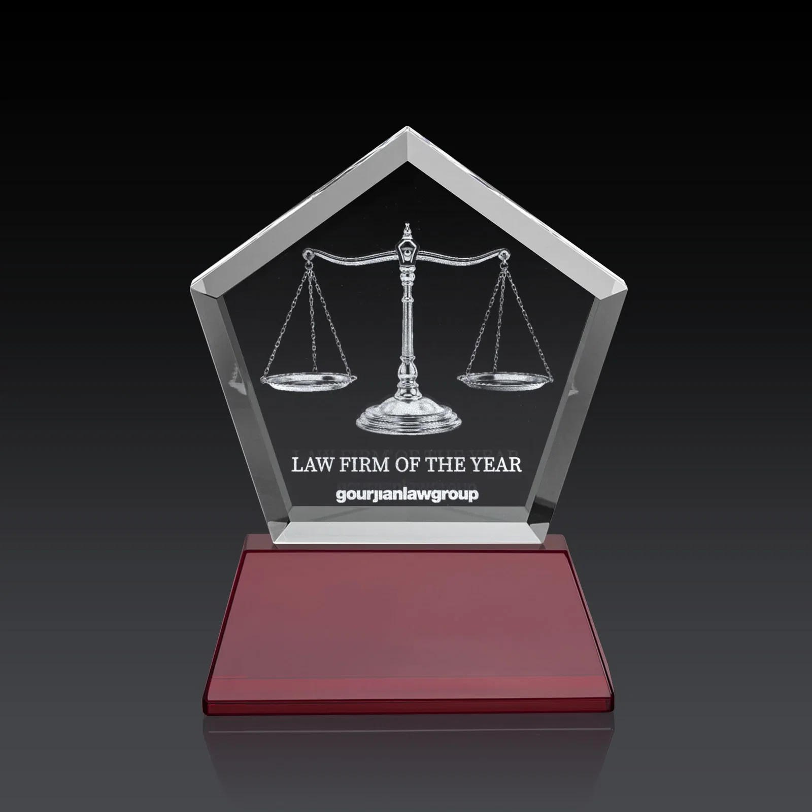 Custom Optical Crystal Pentagon Award with Beveled Frame on Tapered Base, awards for company anniversary events