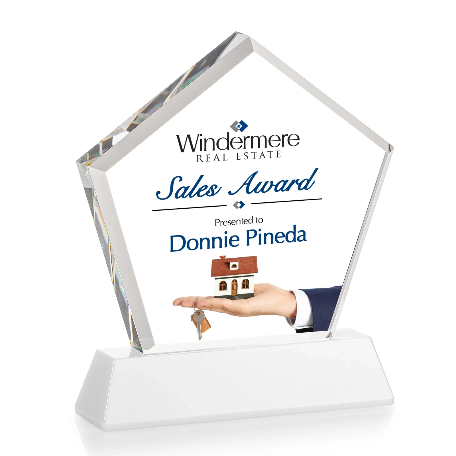 Promotional Optical Crystal Pentagon Award with Beveled Frame on Tapered Base, awards, with your logo for company anniversary events