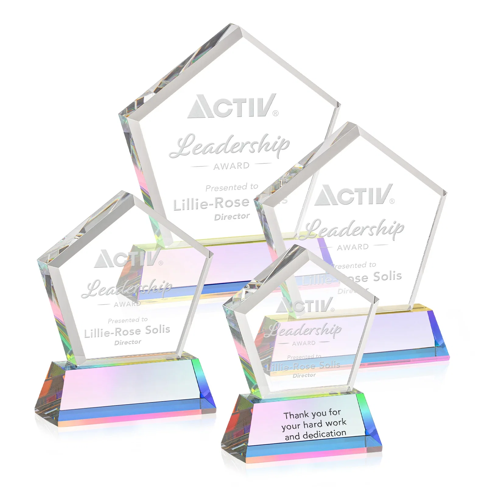 Branded Optical Crystal Pentagon Award with Beveled Frame on Tapered Base, awards, with your logo for employee recognition