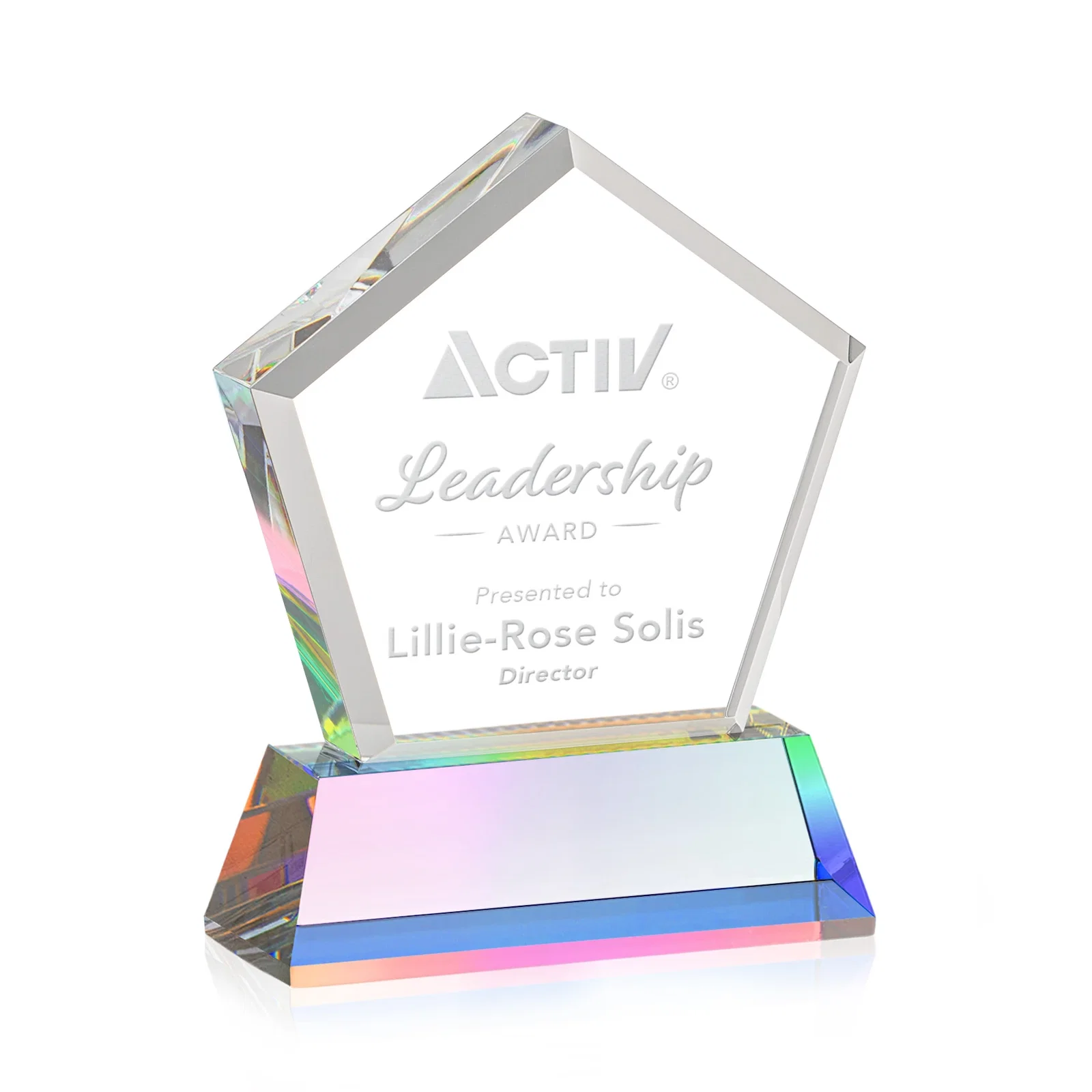 Branded Optical Crystal Pentagon Award with Beveled Frame on Tapered Base, awards, with your logo for service anniversary gifts