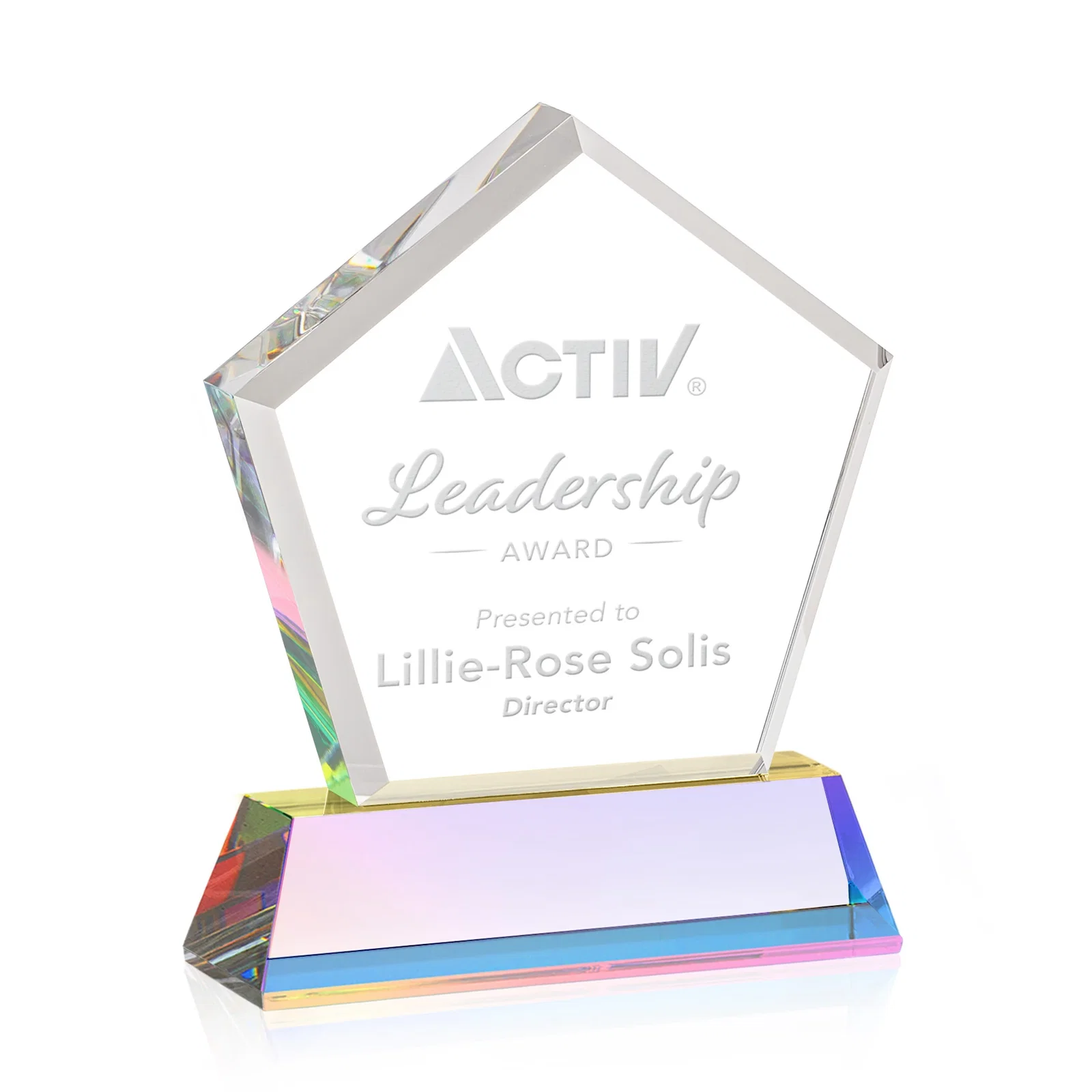 Branded Optical Crystal Pentagon Award with Beveled Frame on Tapered Base, awards, with your logo for sales achievement awards